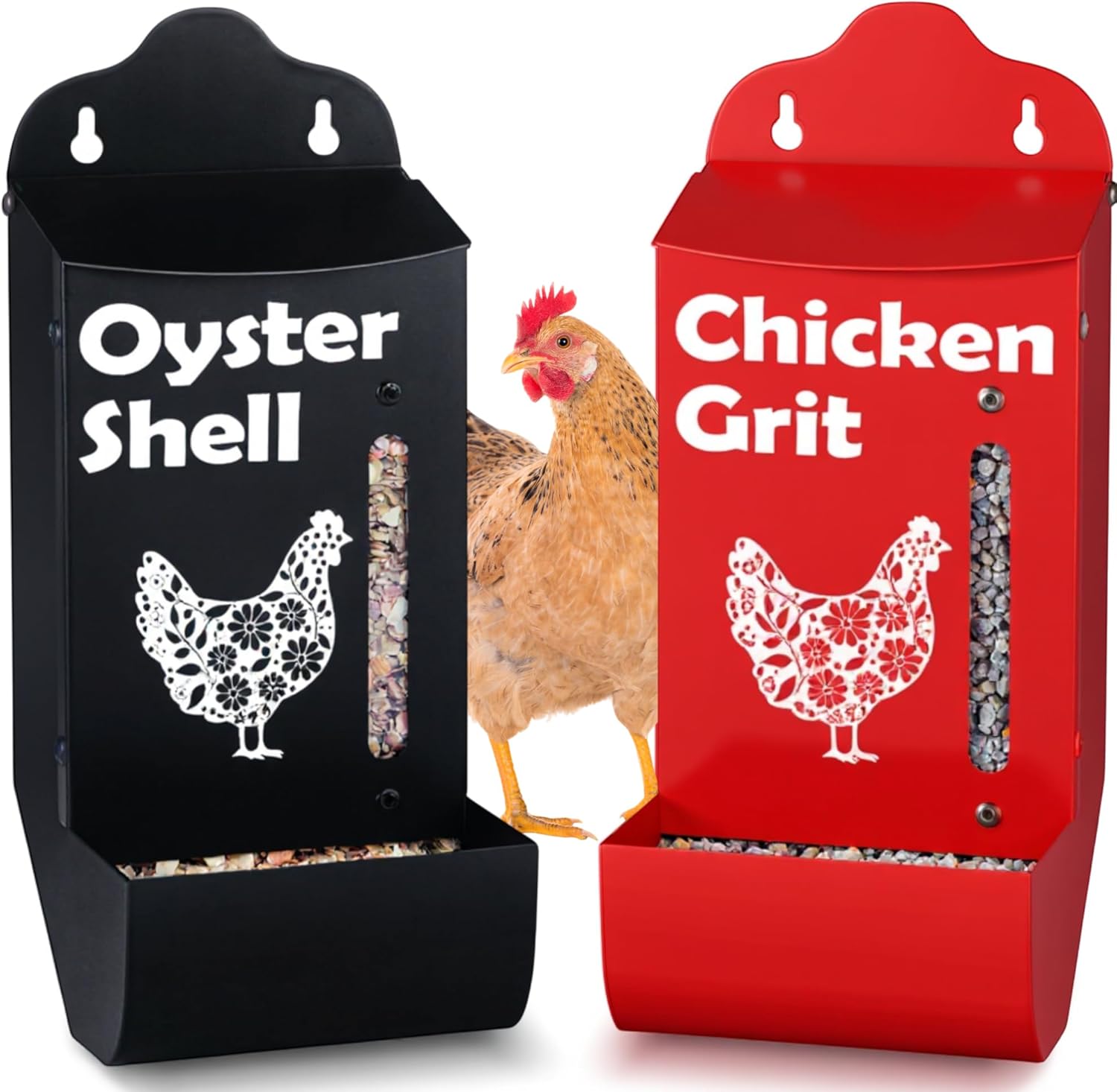 CluckRoots Chicken Grit and Oyster Shell Feeder Combo, No-Spill Weatherproof Heavy-Duty Design, Lift-Off Wall-Mounted Metal Dispenser w/View Window, Chicken Coop Accessories Gifts for Lovers Women