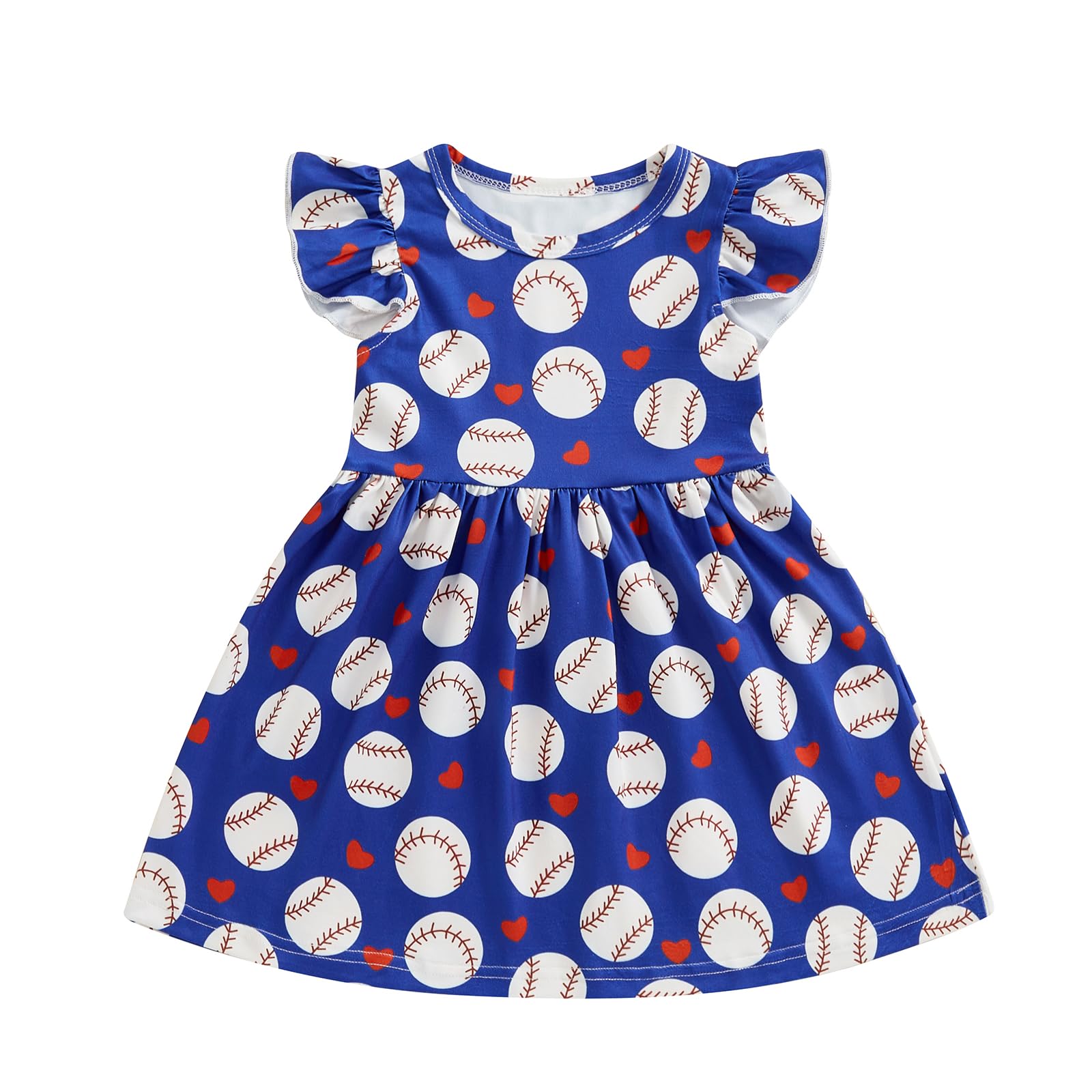 Toddler Baby Girl Baseball Clothes Baseball Print Twirly Dress Flutter Sleeve Swing Sundress Casual Summer Dresses (Blue, 18-24 Months)