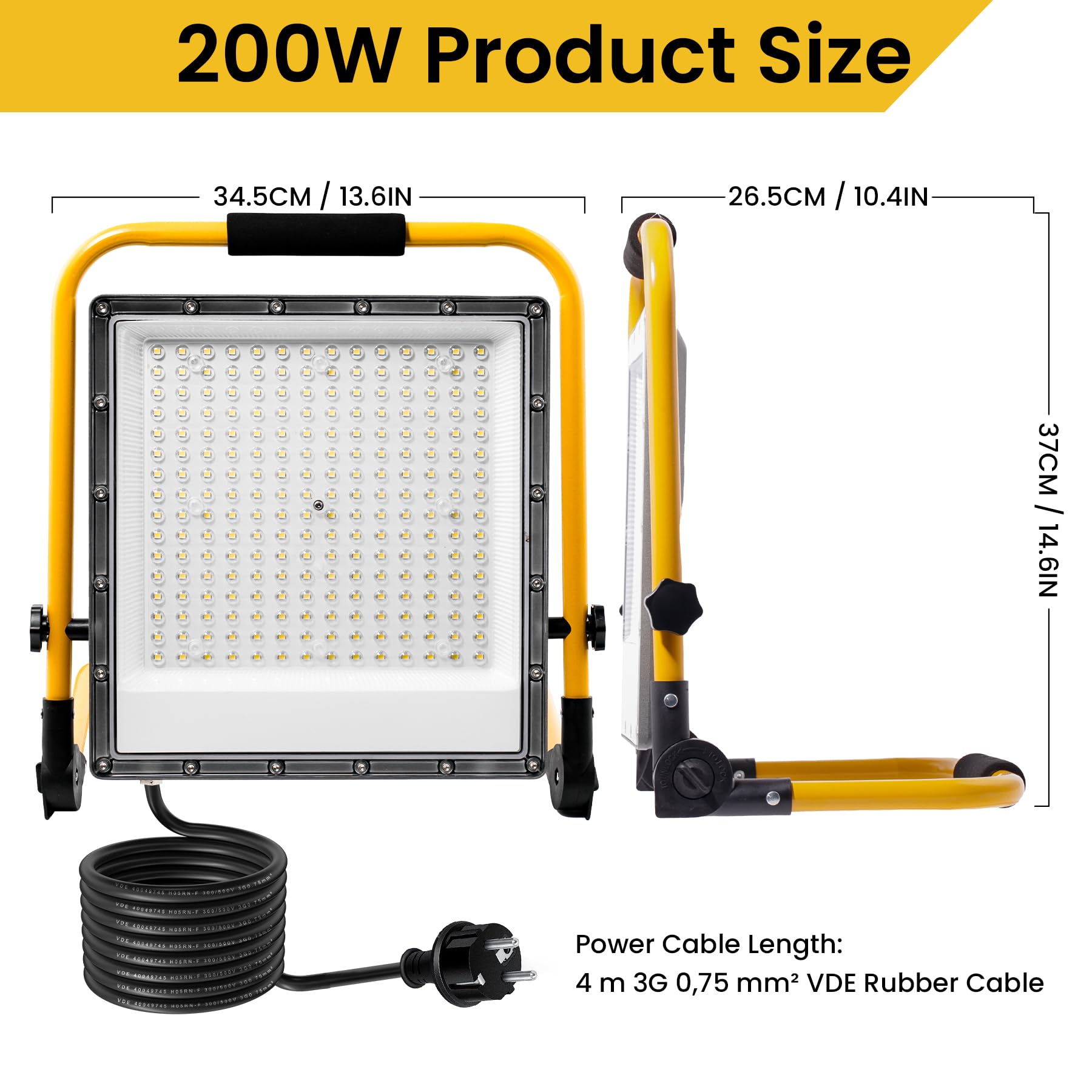 200W LED Baustrahler mit Stativ, 4 m Gummileitung mit Schuko-Stecker, IP66 Wasserdicht Arbeitsscheinwerfer, 6500K, 20000 LM, für Baustellen, Trockenbauarbeiten, Hausrenovierungen