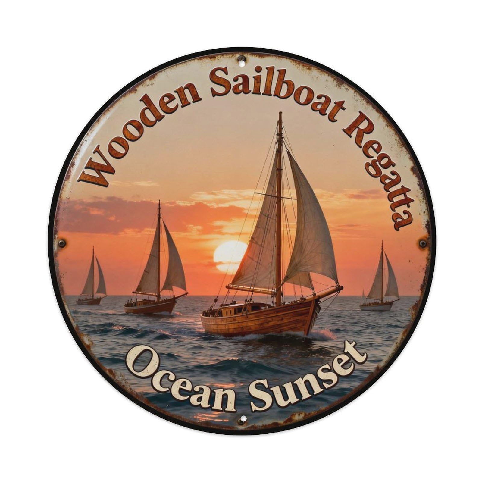 Wooden Sailboat Regatta Ocean Sunset Metal Tin Sign Plaque