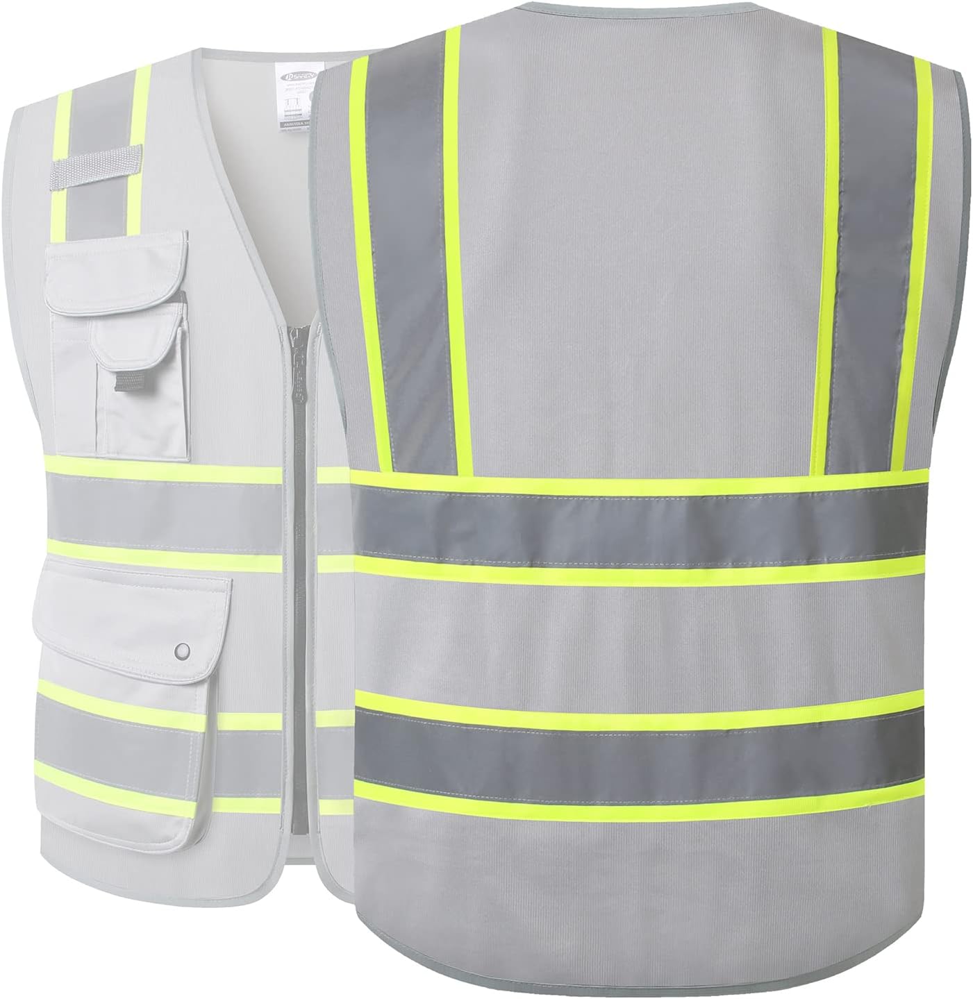 JKSafety 9 Pockets Hi-Vis Fluorescent Color Zipper Front Safety Vest with Neon Color Extended Yellow Trims for Men and Women Work Safety Utility (901-Grey L) - Image 2