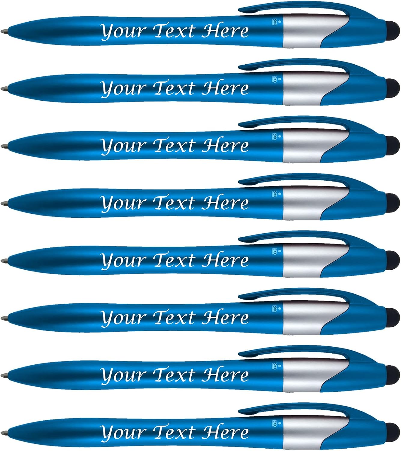 Personalized With Custom Logo or Text Pens-Pack of 200- for Marketing, Parties, and Events, Each Pen is a 3 Color Ink Ballpoint Pen (Black, Blue, Red) +Stylus for Touchscreen Devices, Light Blue Pens