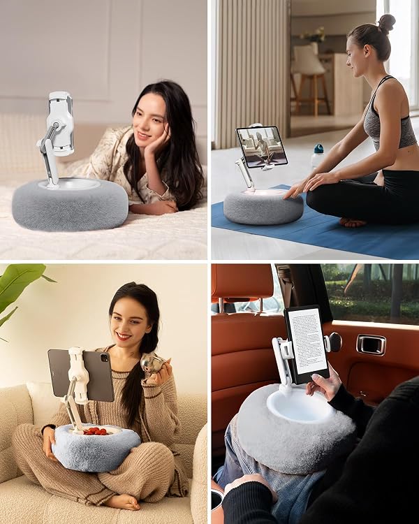 Viozon Tablet Stand Pillow, Compatible with 4.7"-13" Phone/Tablet, iPad, iPhone, Samsung, Google, Kindle, 360°Adjustable Phone Holder for Bed with Soft Plush Fabric, and Detachable Bowl, Grey by Viozon - Image 2