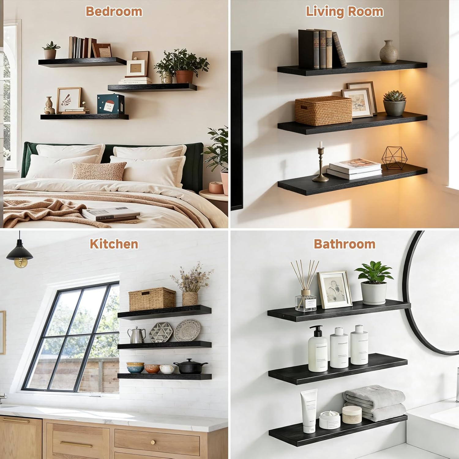 Easy Install Floating Shelves, 15.6 Inch Wall Mounted Wooden Shelf, Small Hanging Shelf for Home Decor, Books and Storage, Organizer for Bedroom, Bathroom, Kitchen, Set of 3, Dark Black
