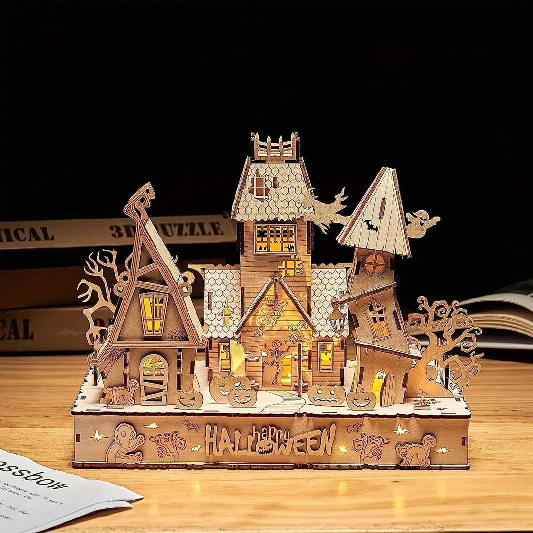 Halloween House 3 in 1 DIY 3D Wooden Puzzle Model Great, DIY Creative Wooden Ornament Toy Gift (Kit Version/147PCS)