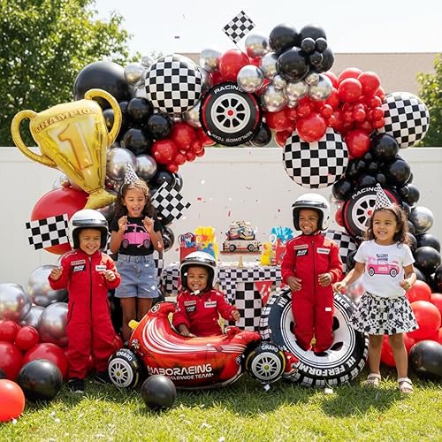 Vista 6 de Kit de Arco de Globos de Coche de Carreras EICUECUE - Trofeo, Banderas, Coches, Neumático, A Cuadros, Ruedas y Guirnalda de Globos Rojo Negro Plata