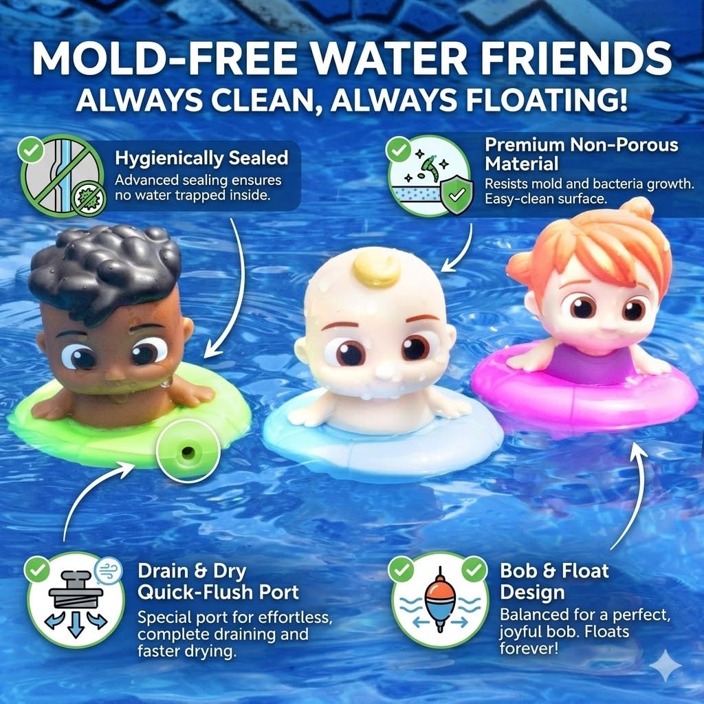 CoComelon - Juego de 3 juguetes flotantes para piscina y baño, incluye JJ, Cody y YoYo, con licencia oficial, juego de figuras de agua para natación y bañera de verano, regalo para niños pequeños,