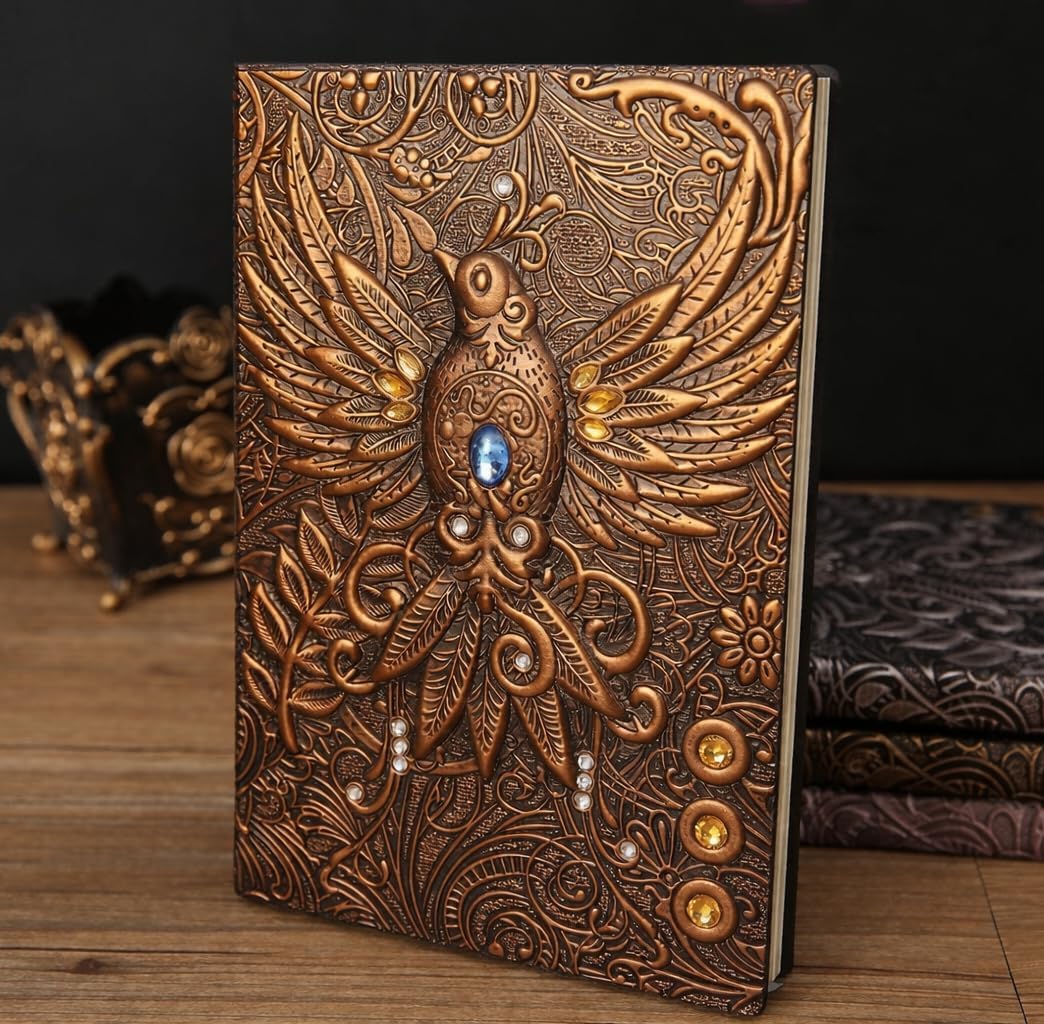 3D Phoenix Copper DND Vintage Leather Journal Writing Notebook with 200 Pages A5 Journal Diary,Antique Handmade Leather Diary,Travel Diary&Notebooks to Write in,Diary Gift for Men Women