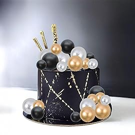 Gyufise 30Pcs Ball Cake Toppers Ball Cake Picks Ball Shaped Cupcake Insert Cake Topper for Bear Theme Birthday Party Favors Wedding Decoration Supplies Black Gold Silver