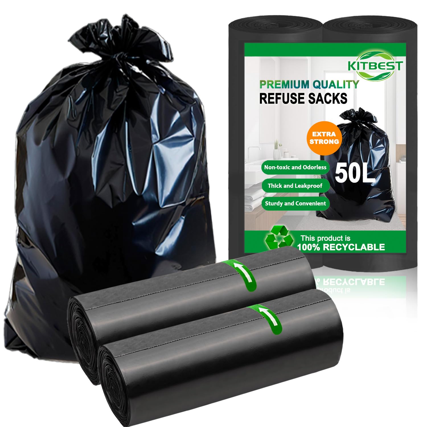 Bolsas de basura de cocina de 50L, KITBEST bolsas reciclables, 40 bolsas de plástico para basura, para contenedores grandes de casa, oficina, cocina, jardín, color negro (60x80cm)