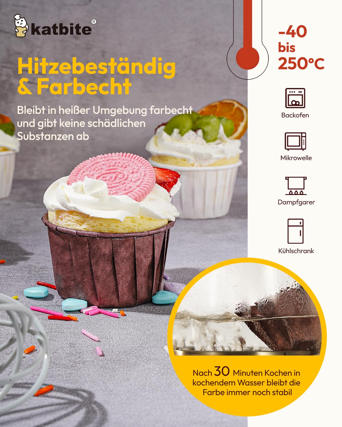 katbite Standardowe foremki do muffinek, ciężkie papierowe foremki do pieczenia babeczek, 150 sztuk, jednorazowe foremki do muffinek z woskowanego papieru, na wesela, urodziny, imprezy, białe, brązowe