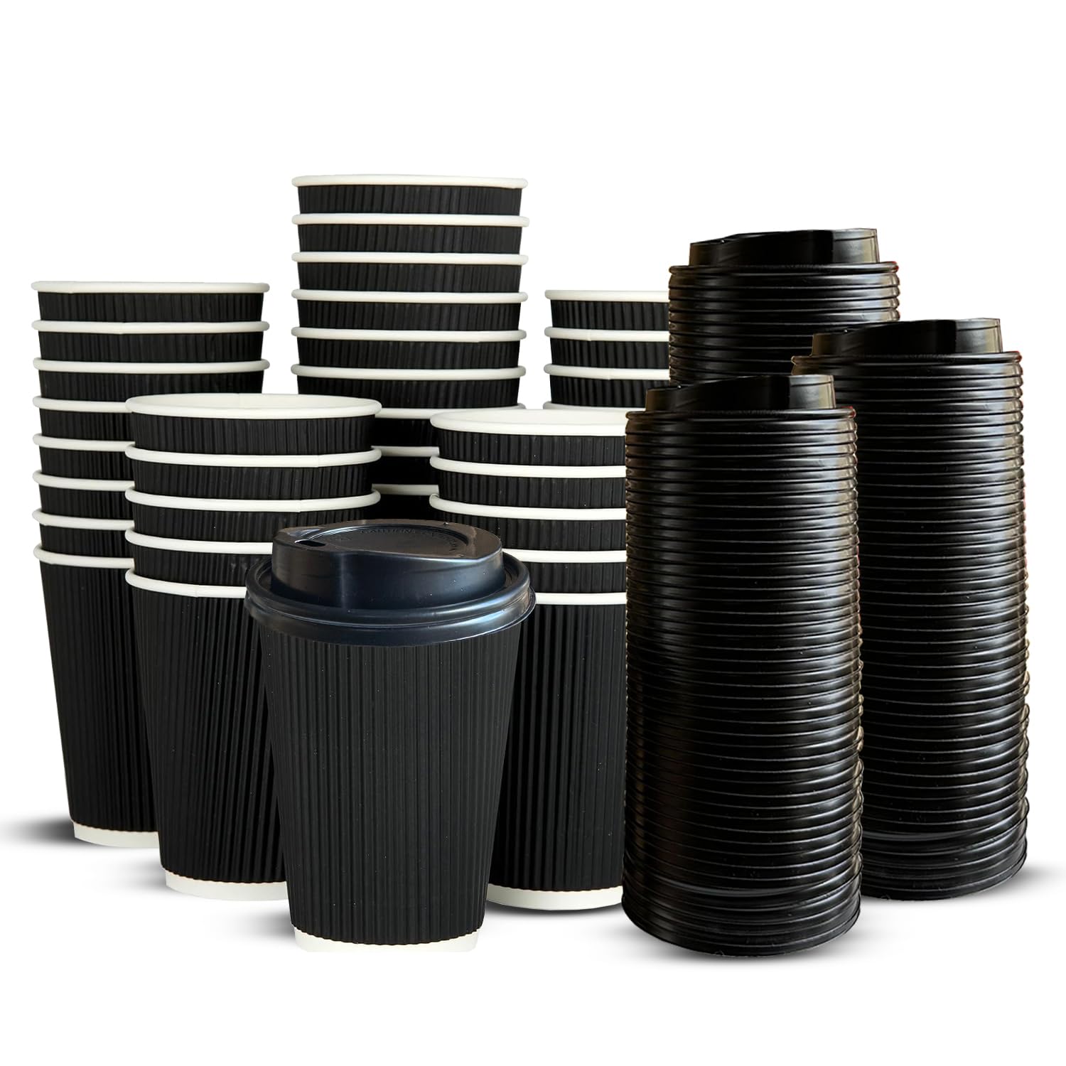 ECONX 50 X 12oz Disposable Coffee Cups with Lids Leak-Proof Insulated Triple Walled Takeaway Coffee Cups Paper Ripple for Hot and Cold Drinks Coffee, Tea for Home, Office and Cafes Black