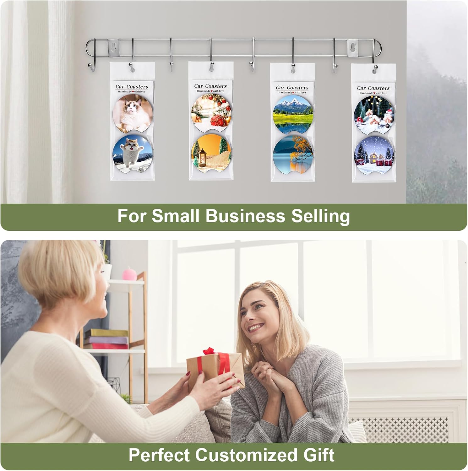 120Pcs Sublimation Blank Car Coasters Packaging for Selling,Include 60Pcs Circular 2.75 in/5mm Blank Sublimation Coasters,30Pcs Car Coasters Display Cards and 30Pcs Hanging Self-Sealing Bags