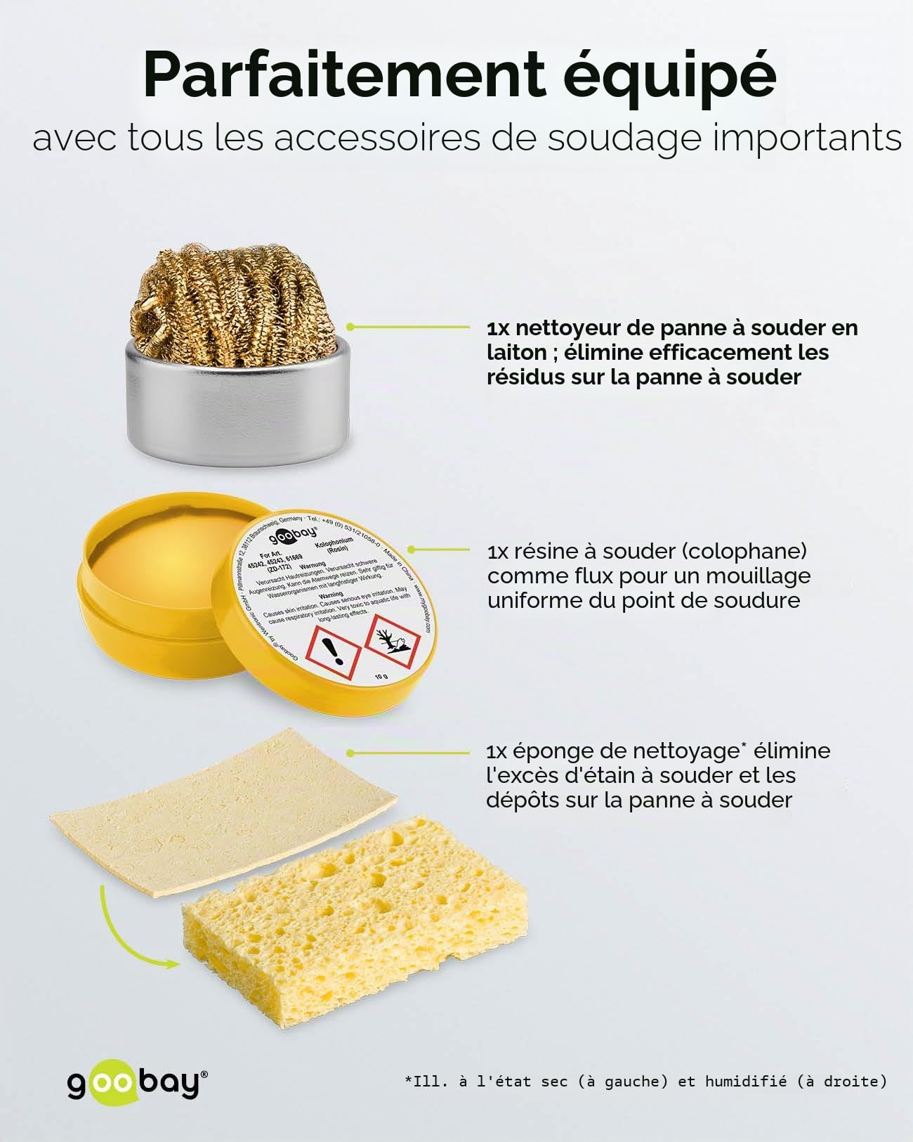 Fixpoint goobay 45241 Aide au soudage avec lampe LED/Pince crocodile col de cygne Loupe avec lampe LED/loupe grossissante 3x / support de fer à souder intégré, éponge et laine de nettoyage / 1 pièce