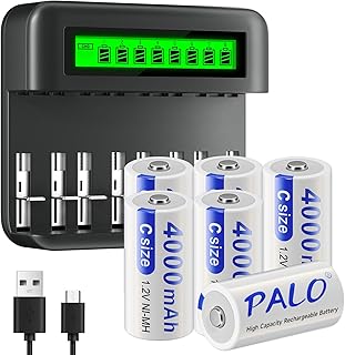 6 Pack Rechargeable C Batteries with LCD Display Universal Battery Charger for AA/AAA/C/D 1.2V NI-MH NI-CD Rechargeable Battery