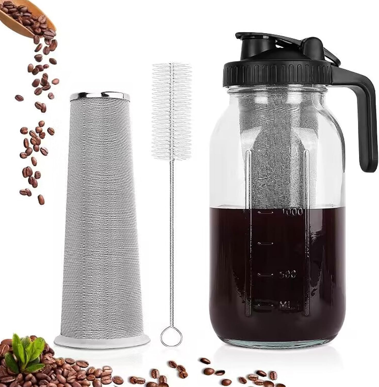 Cold Brew Coffee Maker, Pitcher with Stainless Steel Filter Thick Glass Iced Coffee Maker Pitcher Jar with Spout Lid and Handle for Cafe Home Kitchen (2000)