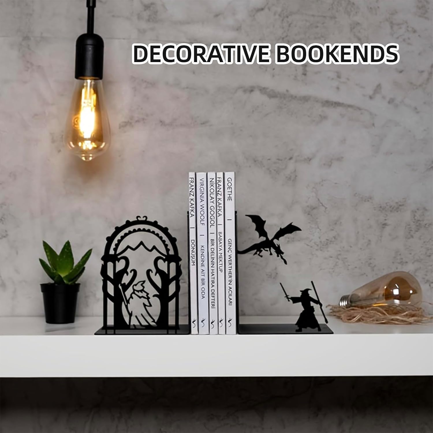Dragon and Wizard Fantasy Bookends for Shelves, Heavy Duty Metal Book Ends, Unique Gothic Decor Book Stopper for Book Lovers