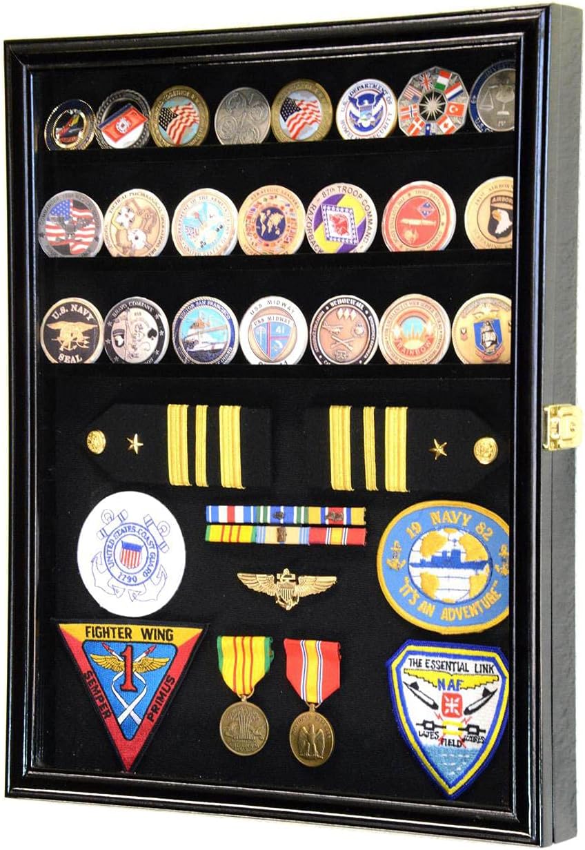 sfDisplay.com,LLC. 56 Challenge Coin Display Case Cabinet - Fully Adjustable Shelves - Larger Coins - 98% UV Protection (Black Finish)