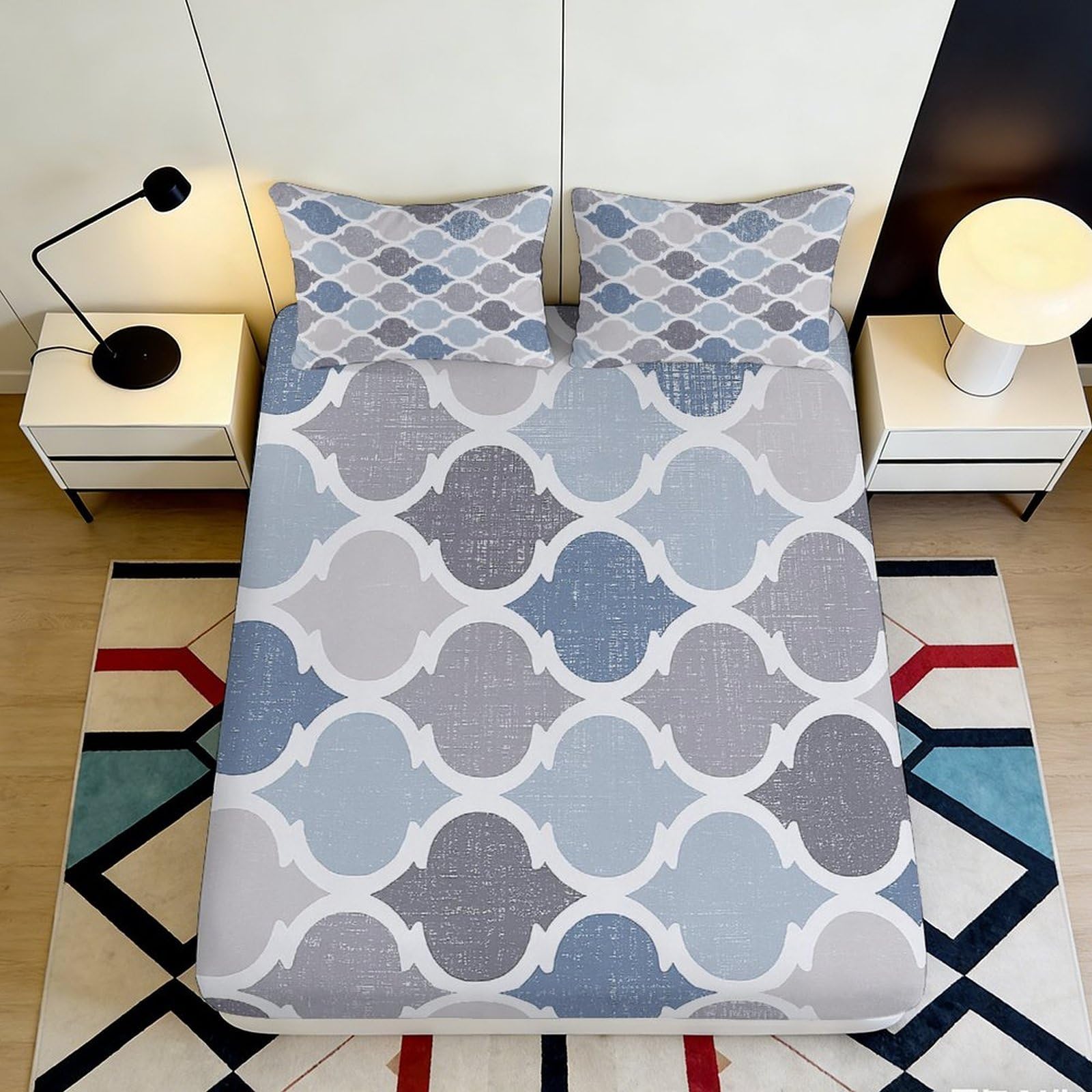 3D Printed Geometric Circles Fitted Sheet Microfiber Soft Blue Grey Lattice Bed Cover for Bedroom Dorm Mattress Protection Decor 90x200x25cm
