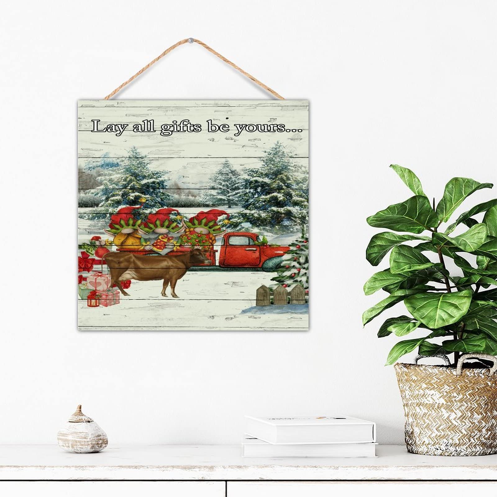 Panneau mural de ferme avec gnomes de Noël et camion rouge en bois 30x30 cm