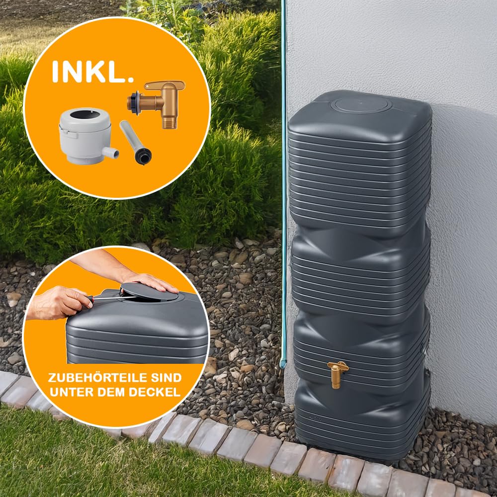 Quadro Wandtank 170 L Graphite Grey Komplett-Set, Regentonne schmal mit Auslaufhahn & Fallrohrfilter, Regenwasserbehälter Hauswand, Regenfass