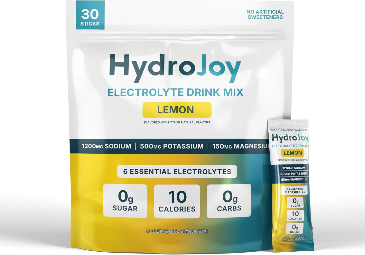 HydroJoy™ Hydration Stick Packs | 3,127MG Electrolytes Per Serving | 6 Essential Electrolytes | 1,200MG Sodium | Sugar-Free | Lemon | 30 Servings