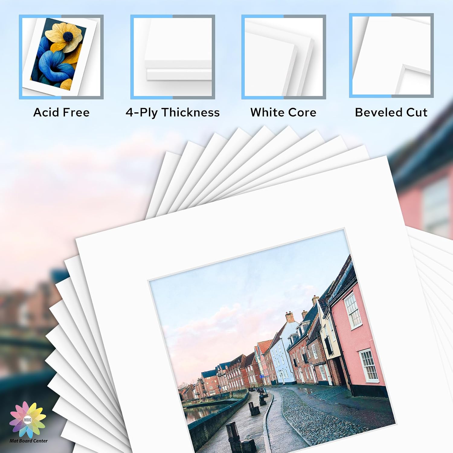 Mat Board Center, Pack of 10 12x12 Photo Mat + Backing + Bag, Pre Cut mat Board Show kit for 8x8 Photo, White Core for Framing Pictures, Prints, Artworks(White)