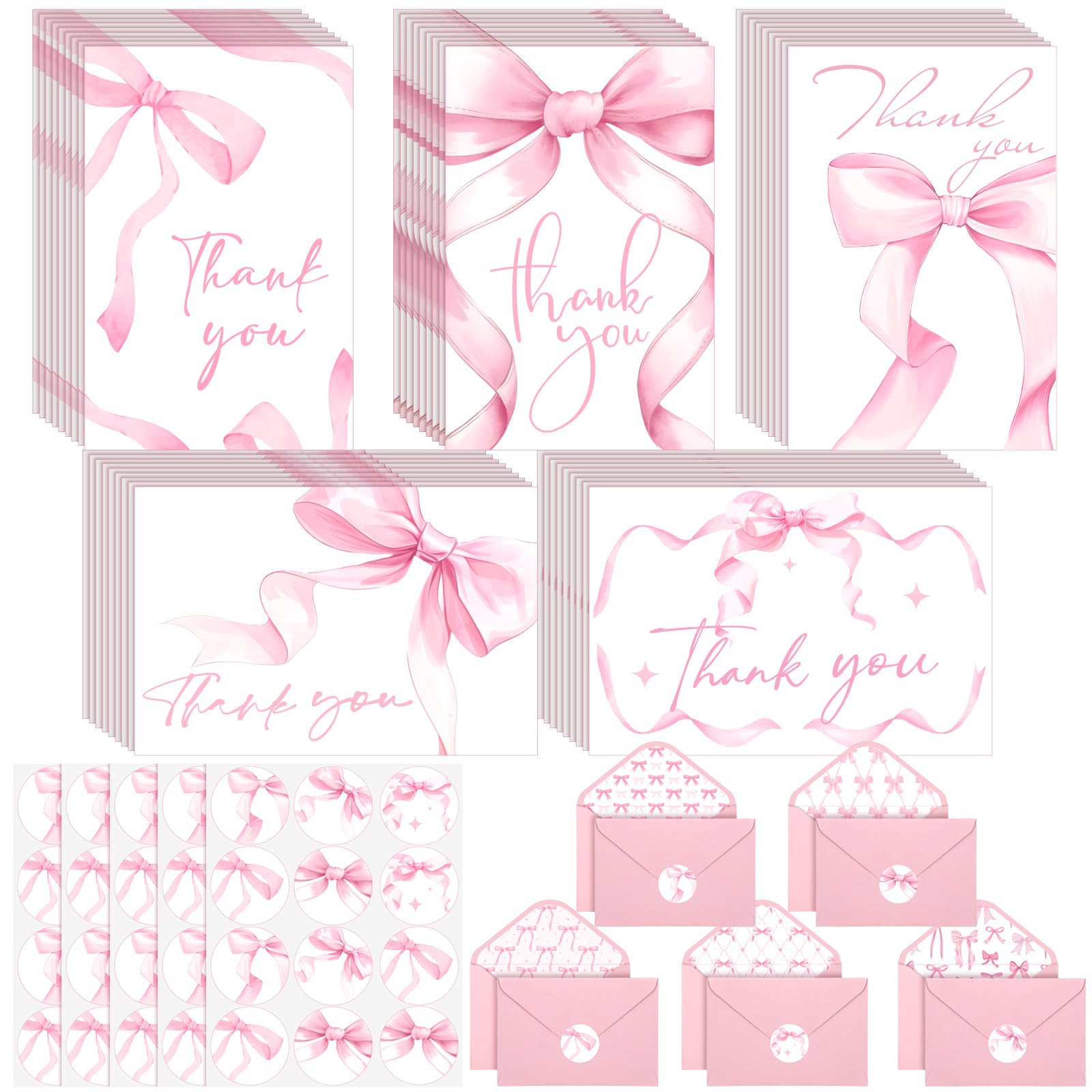 Lot de 100 cartes de remerciement avec nœuds roses et enveloppes et autocollants pour mariage, fête prénatale, fête d'anniversaire