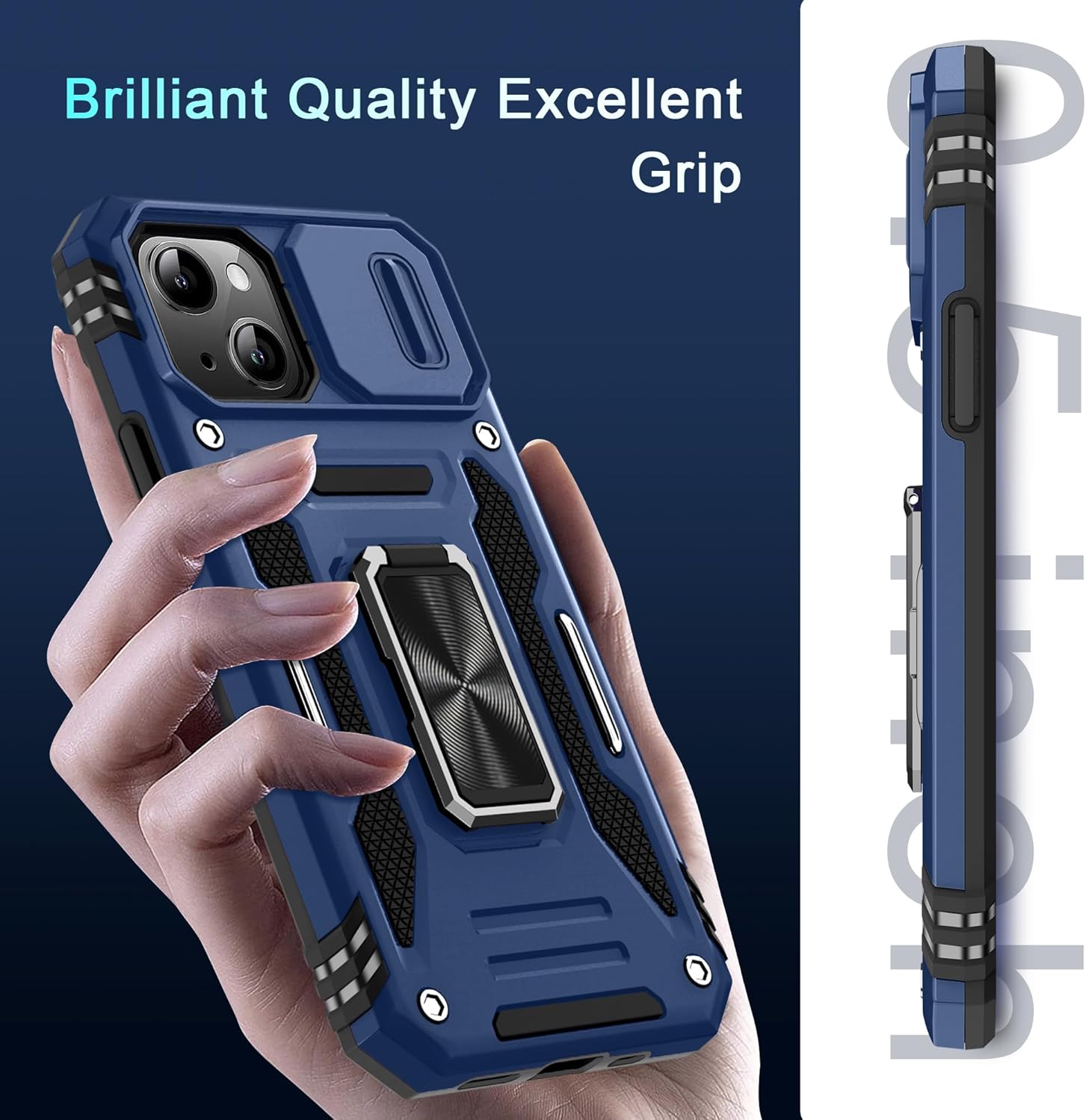 DEERLAMN Case for iPhone 14 Plus with Slide Camera Cover+Screen Protector(1 Pack), Rotated Ring Kickstand Military Grade Shockproof Protective Cover 6.7 Inch-Navy Blue - Image 8
