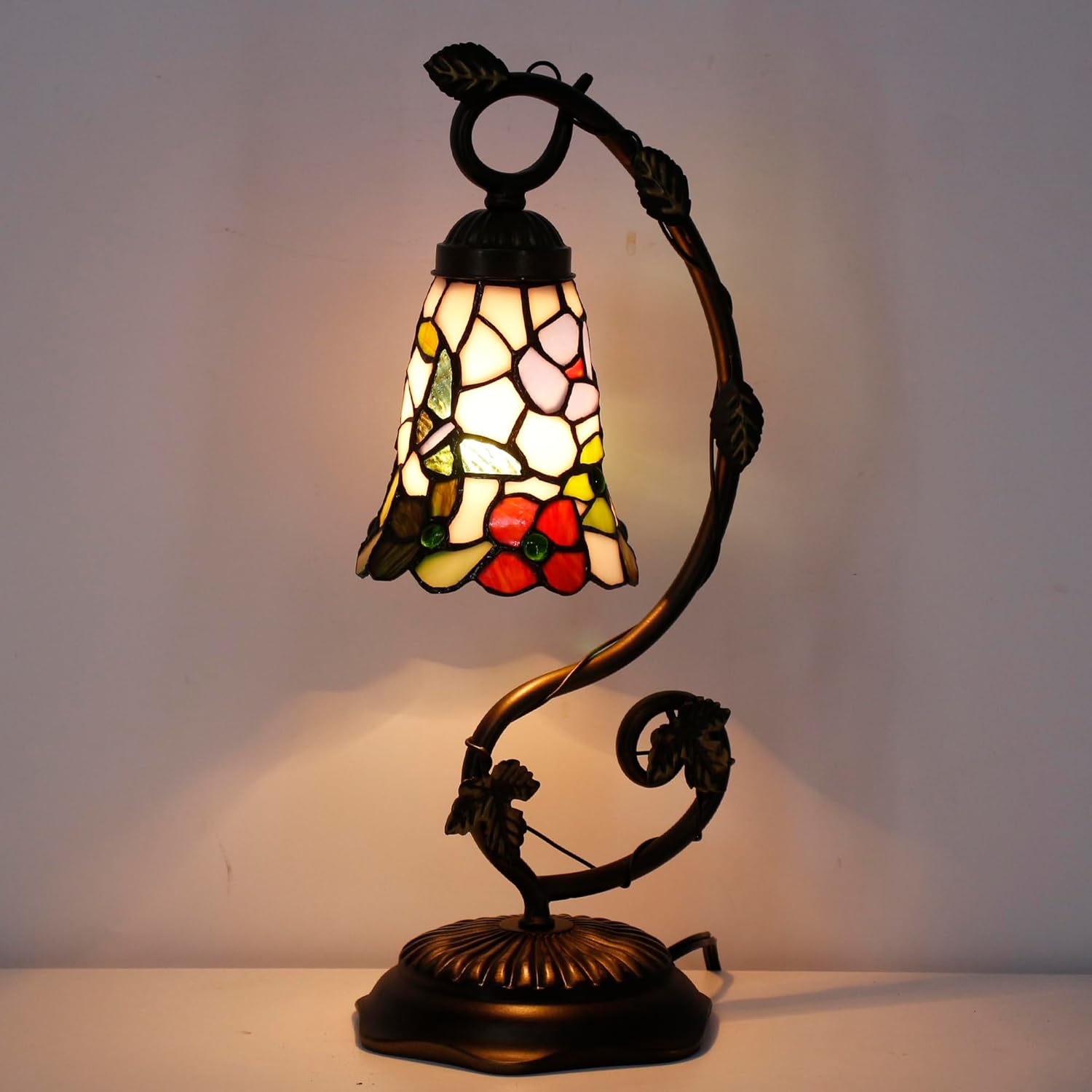 Tiffany Lamp Stained Glass Desk Reading Bedside Light, Metal Leaf Table Lamp Base 5X6X17 Inches Decor Small Space Bedside Bedroom Home Office (Flower Butterfly Style)