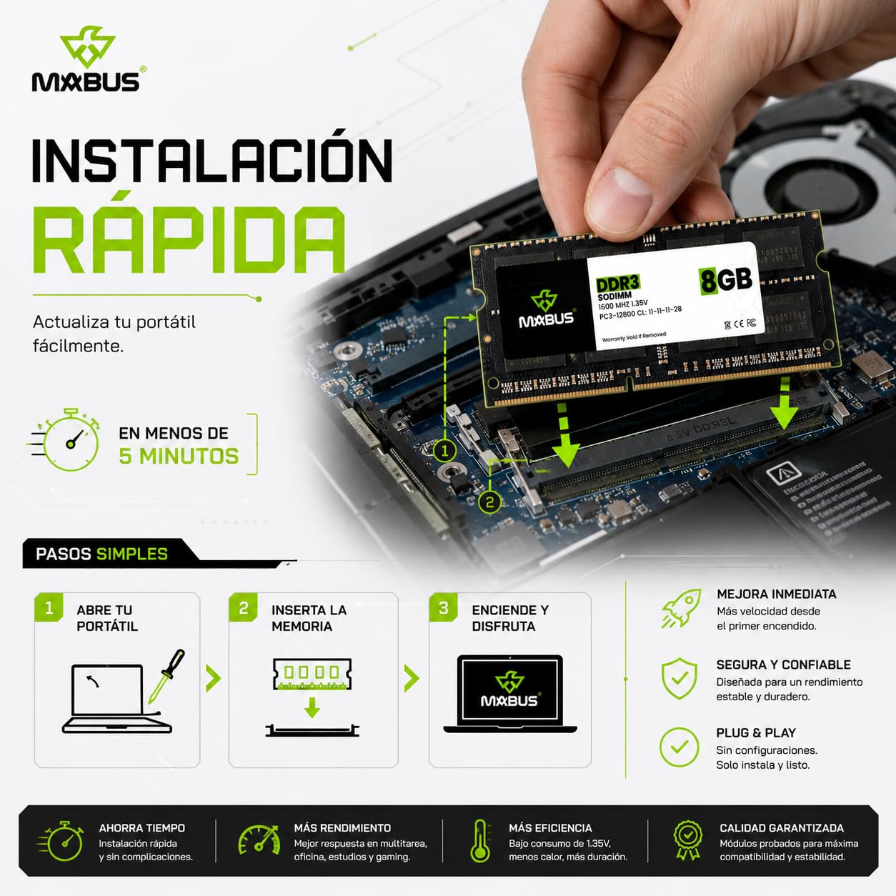 MABUS Memoria RAM 8GB DDR3L 1600MHz PC3L-12800 SODIMM para Laptop y Portátil - Módulo de 1.35V 204-Pin CL11: Mejora la Velocidad, Multitarea y Rendimiento del Sistema