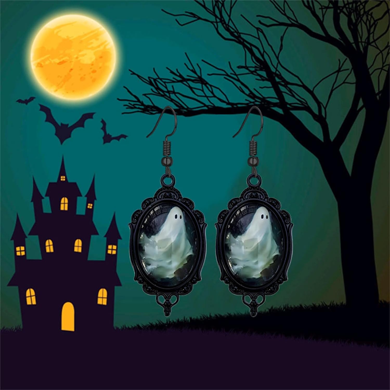 Dreuyet Gothic Ghost Cameo Earrings for Women Vintage Crystal Glass Cute Ghost Fire Pumpkin Earring Goth Mystic Victorian Earring Punk Style Halloween Boo Earrings Jewelry - Image 6
