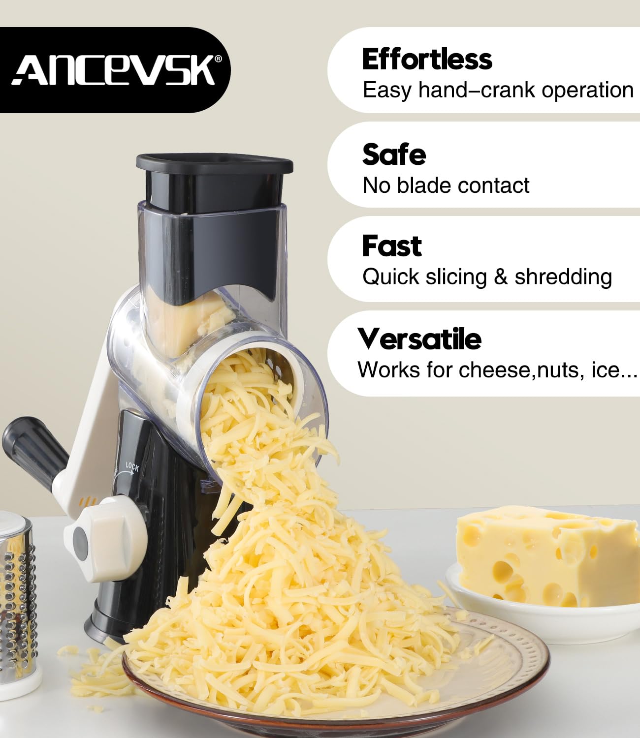 Rallador de queso giratorio con asa, triturador de queso redondo de velocidad manual con base de succión fuerte, trituradora de papas Hashbrown fácil de usar con 5 cuchillas de tambor de acero