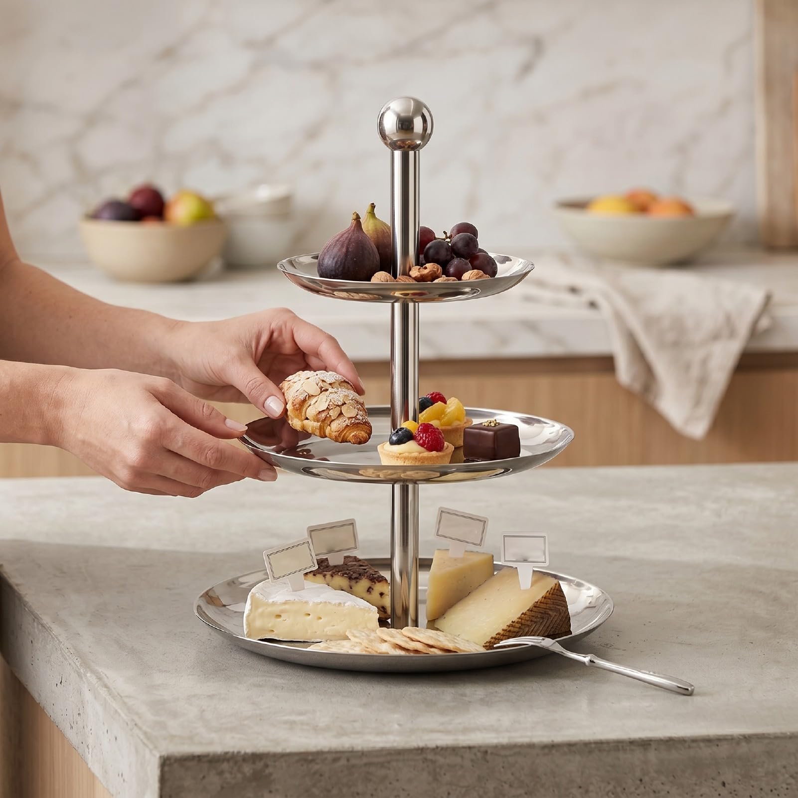 Bandeja para Servir Frutas de Acero Inoxidable, Soporte para | Construcción de Metal Resistente, Exhibición de Postres de Varios Niveles, Altura de 12,5 Pulgadas, Adecuada para Bodas y