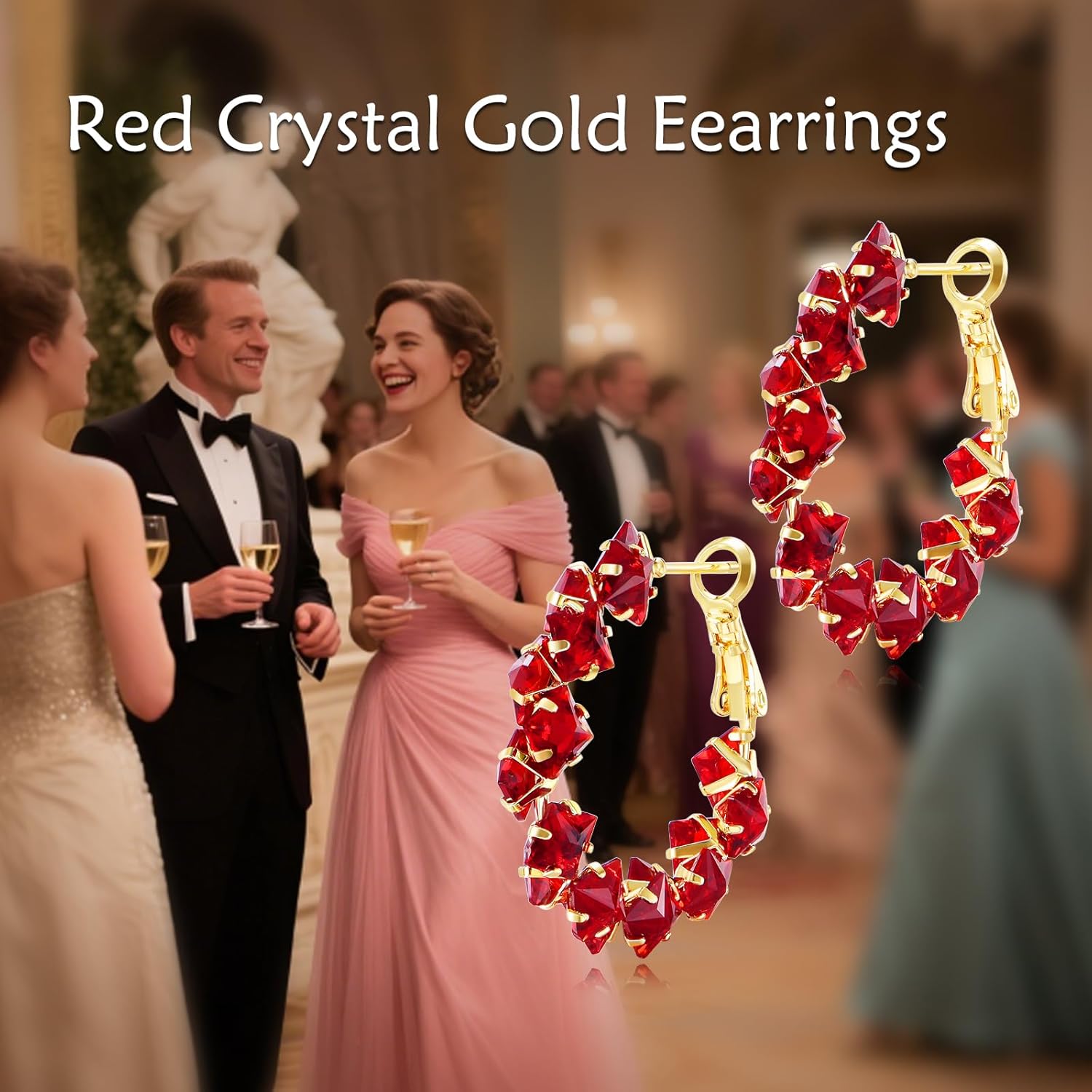 Gold Red Crystal Hoop Earrings 14K Gold Hoop Earrings Red Crystal Chunky Hoops Trendy Hypoallergenic Jewelry Gifts for Women 30MM - Image 6