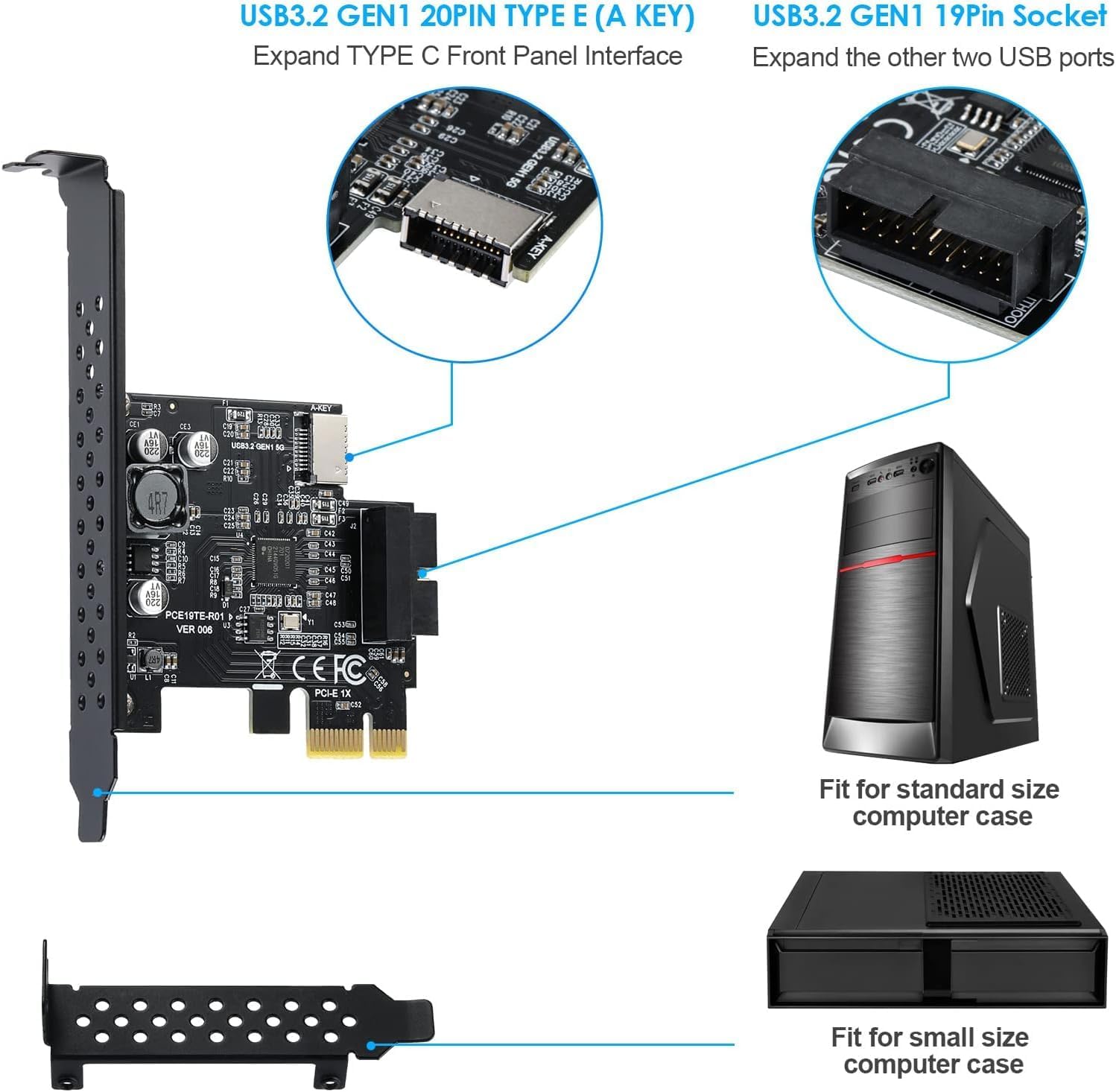 PCI-E 1X to USB 3.2 GEN1 (to Type-C Front Panel Header) 5 Gbps +USB 3.0 20-pin Connector PCI-E 1X Express Card for Motherboard+ USB 3.0 19Pin Socket Expansion Card