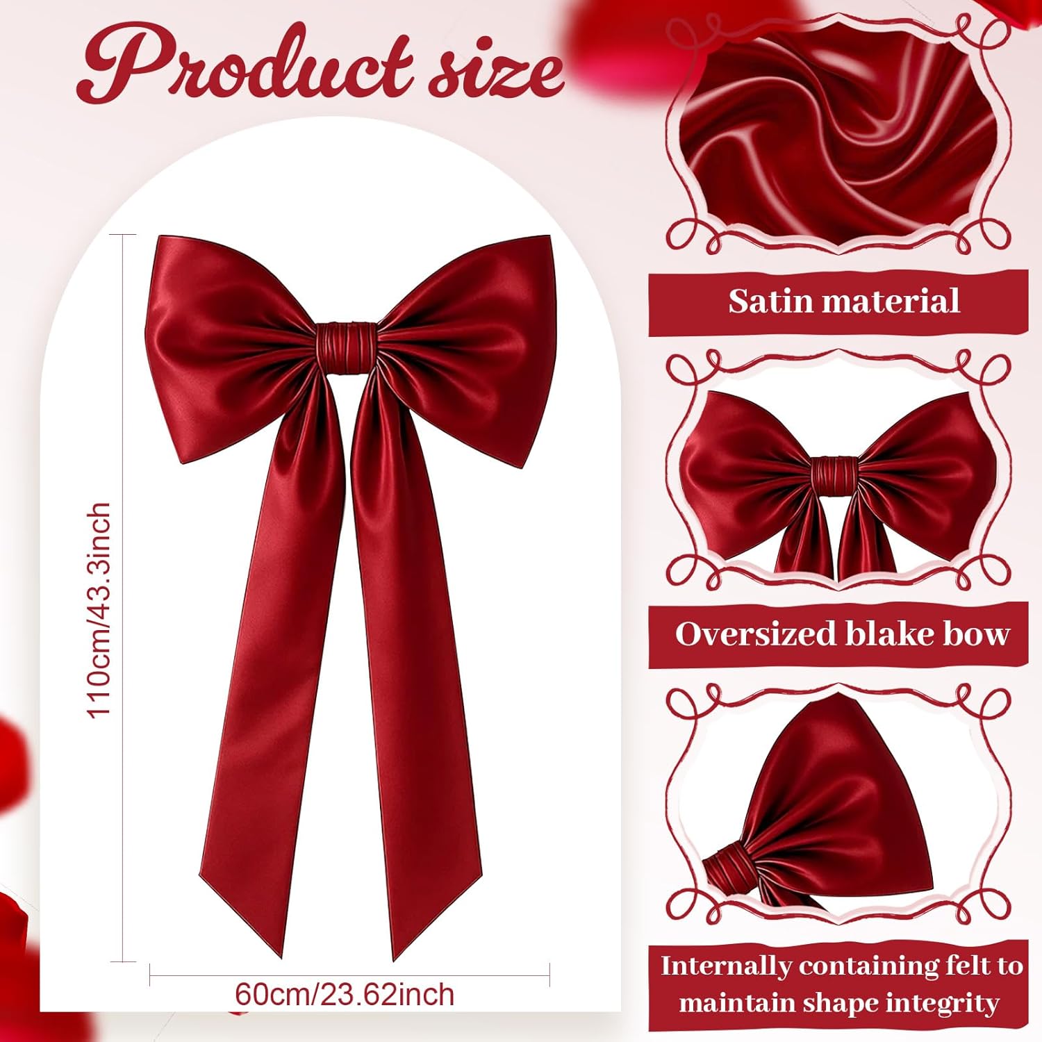 43 x 24 Inches Large Bow Themed Party Decorations Giant Red Bow Decor Satin Ribbon, Contains Felt Big Red Bow Wall Decor Girl Coquette Birthday Wedding Decorations