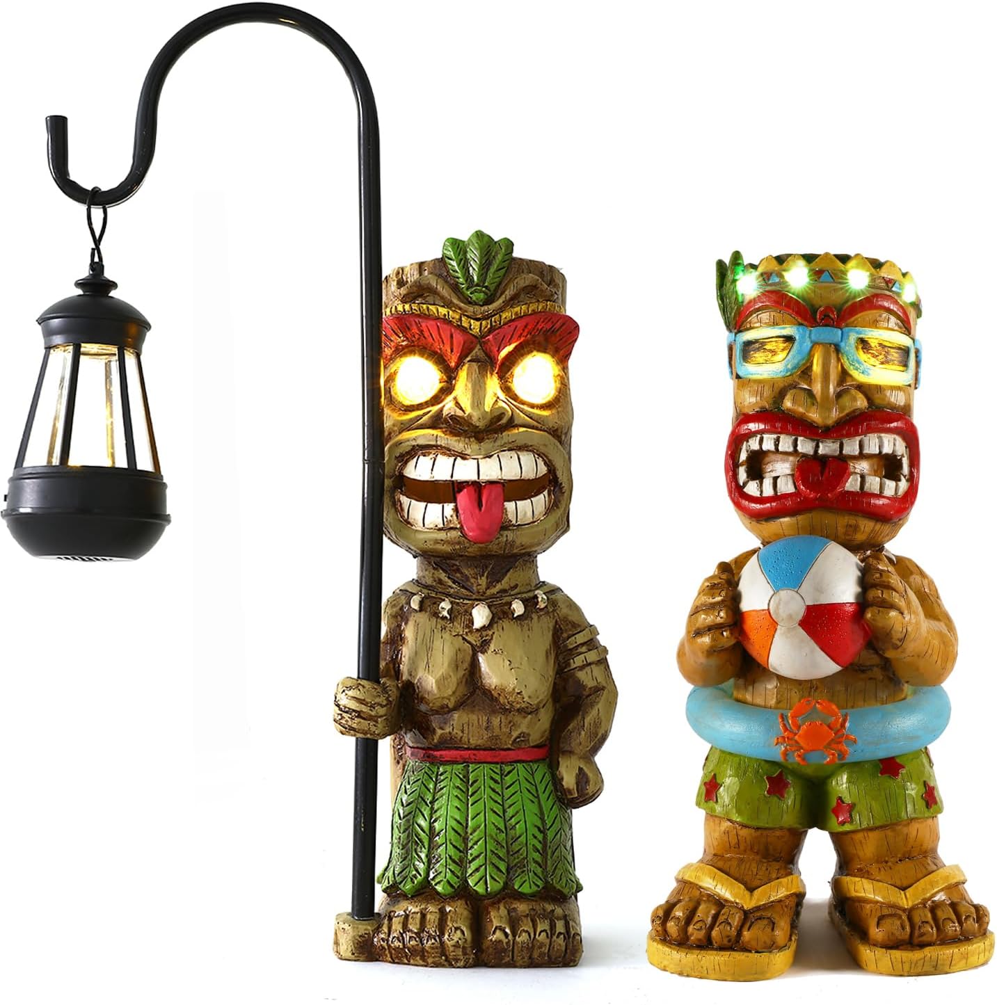 2pcs Tiki Garden Statues Value Bundle | Large Tiki Figurine with Solar Lights, Outdoor Patio Yard Lawn Bar Party Beach Pool Pond Decoration
