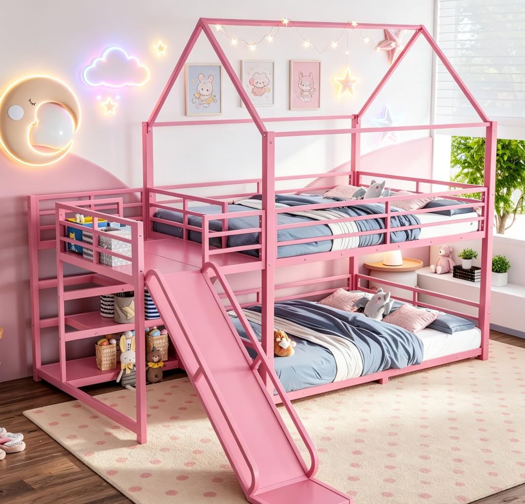 Bellemave Metal Bunk beds Full Over Full with Slide and Storage Stairs, House Floor bunk Bed with guardrail for Kids,Pink