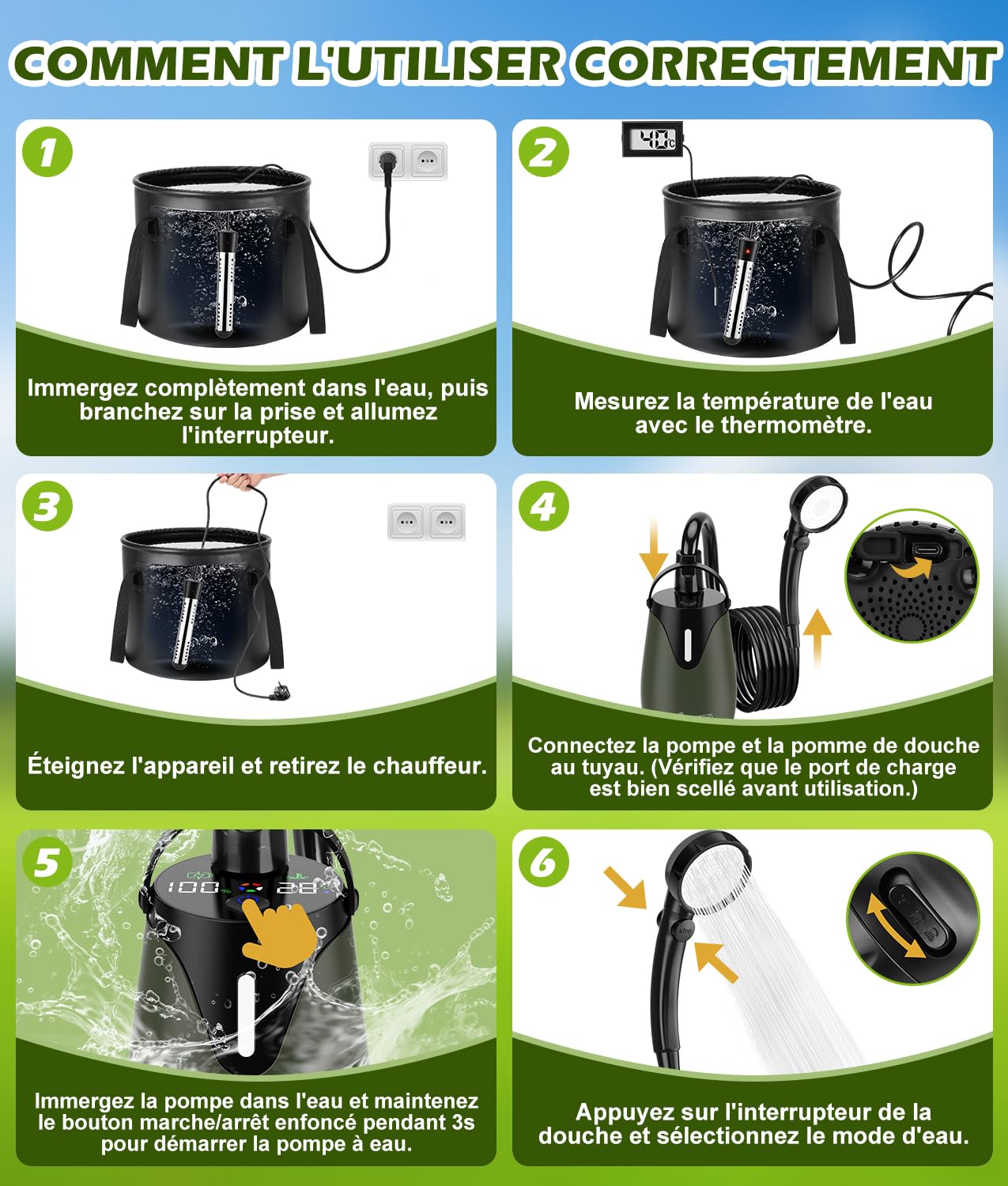WADEO Douche Chaude Camping Portable, avec Seau 20L, Autonomie 10 Jours | Pompe 5 Vitesses, IPX8, Pompe de Douche Rechargeable 6000 mAh avec Écran LED, Kit Douche Camping pour Voyage, Animal, Voiture