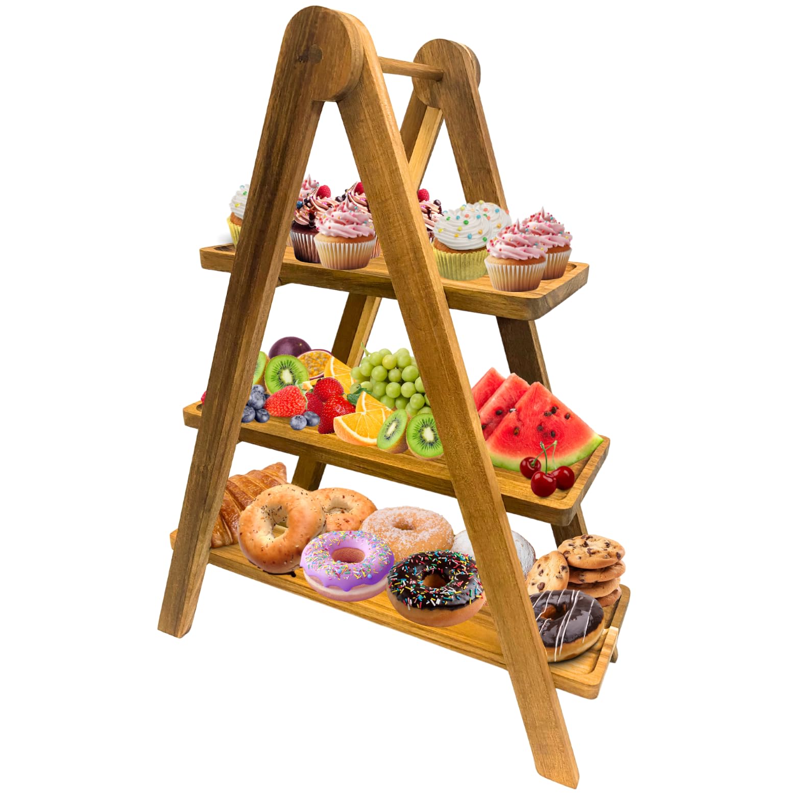 Rustic Acacia Wooden 3-Tier Serving Tray - Foldable Wood Stand for Desserts & Appetizers - Ideal for Birthday Parties, Showers, Weddings - Stable & Spacious Design