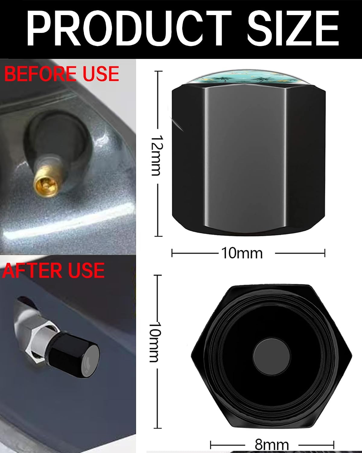 Metal Tire Valve Stem Caps 4 Pack,Car Wheel Stem Caps, Aluminum Universal Air Valve Covers for Cars, Trucks, SUVs, Bikes, Motorcycles, Bicycles(Tropical Beach) image 3