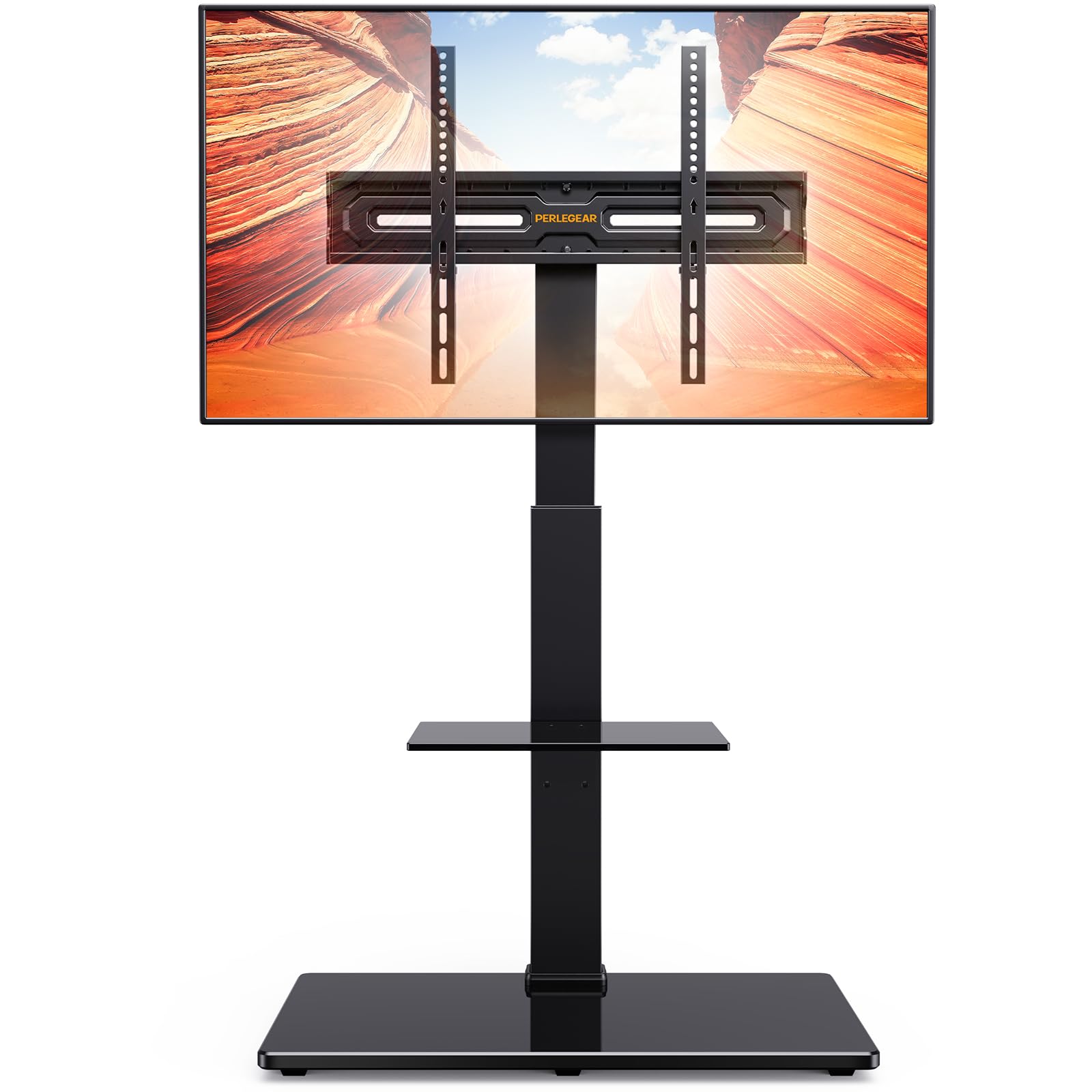 PERLEGEAR Soporte de TV de Suelo para Televisores de 30-70 Pulgadas de hasta 50 Kg con Inclinación, 4 Alturas de Pilar, Soporte de TV con Estante y aBse de Vidrio Templado, VESA Máximo 600x400mm
