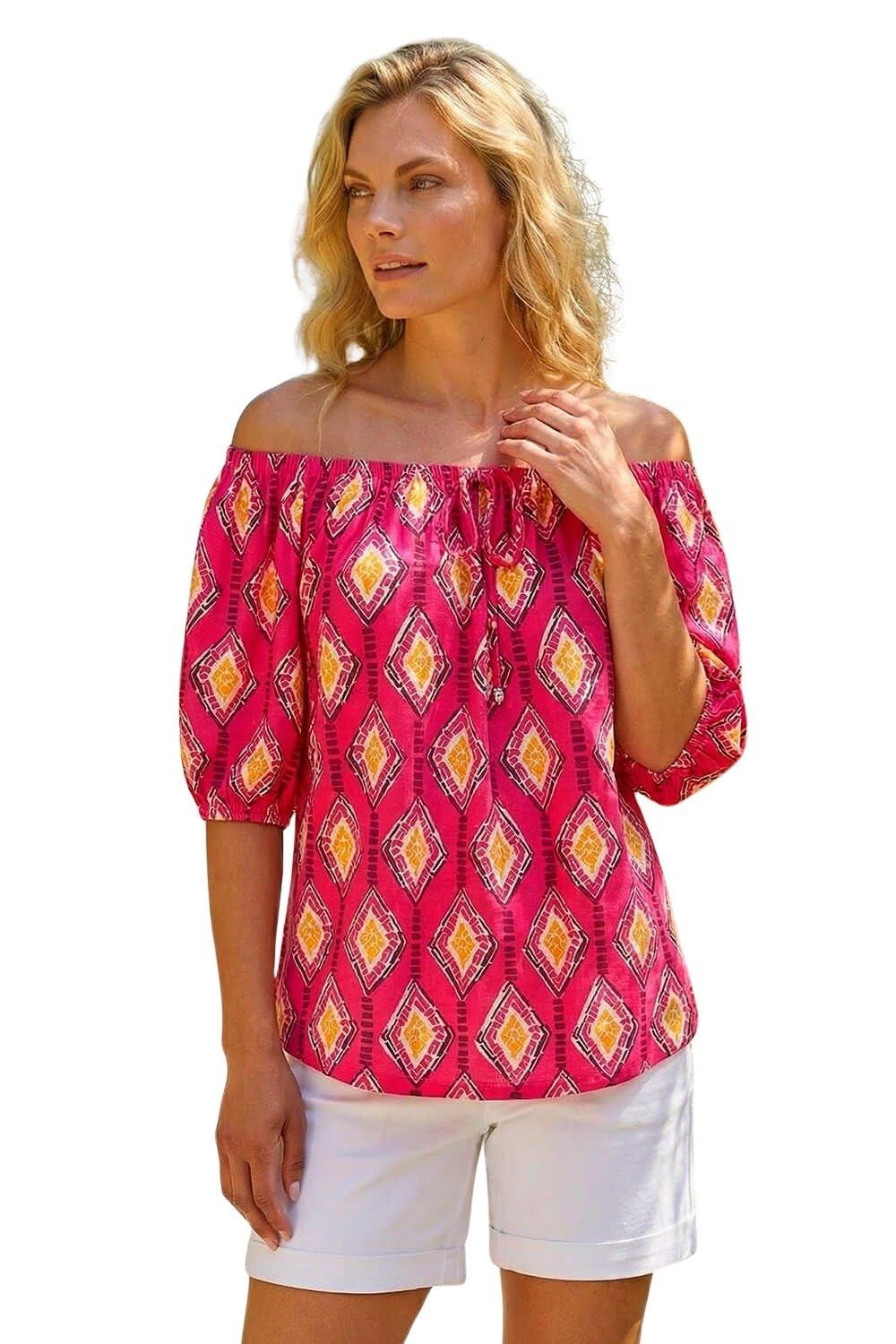 Roman Bardot Top Off Shoulder Blouse for Women UK - Ladies Floral Print Shirt Palm Leaf Tropical Ditsy Cold Shoulder Jersey Frill Cuff Summer Spring Holiday Pink Yellow
