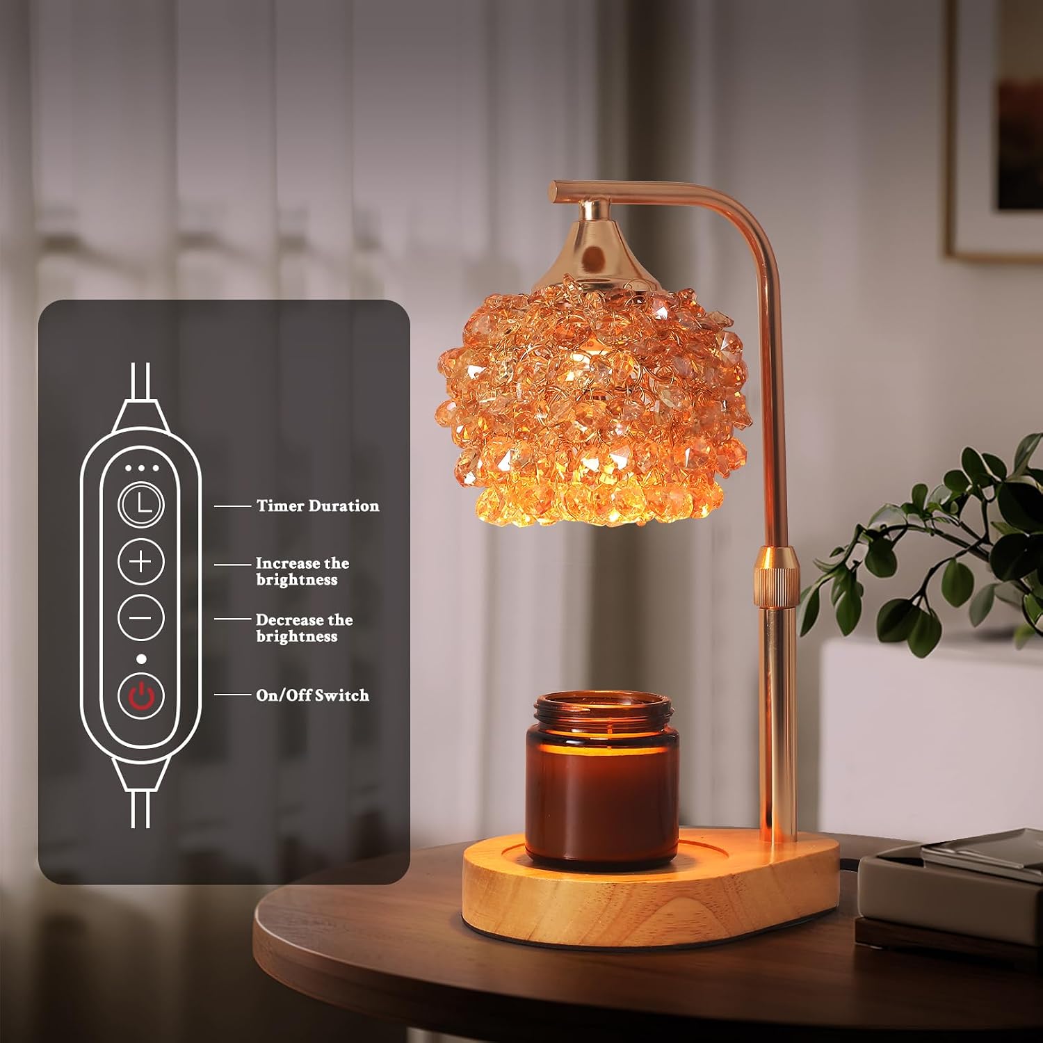 Candle Warmer Lamp with Timer – Adjustable Height & Dimmer, Amber K9 Crystal Shade – Wax Melt Warmer for Home Decor, 2 Bulbs Included