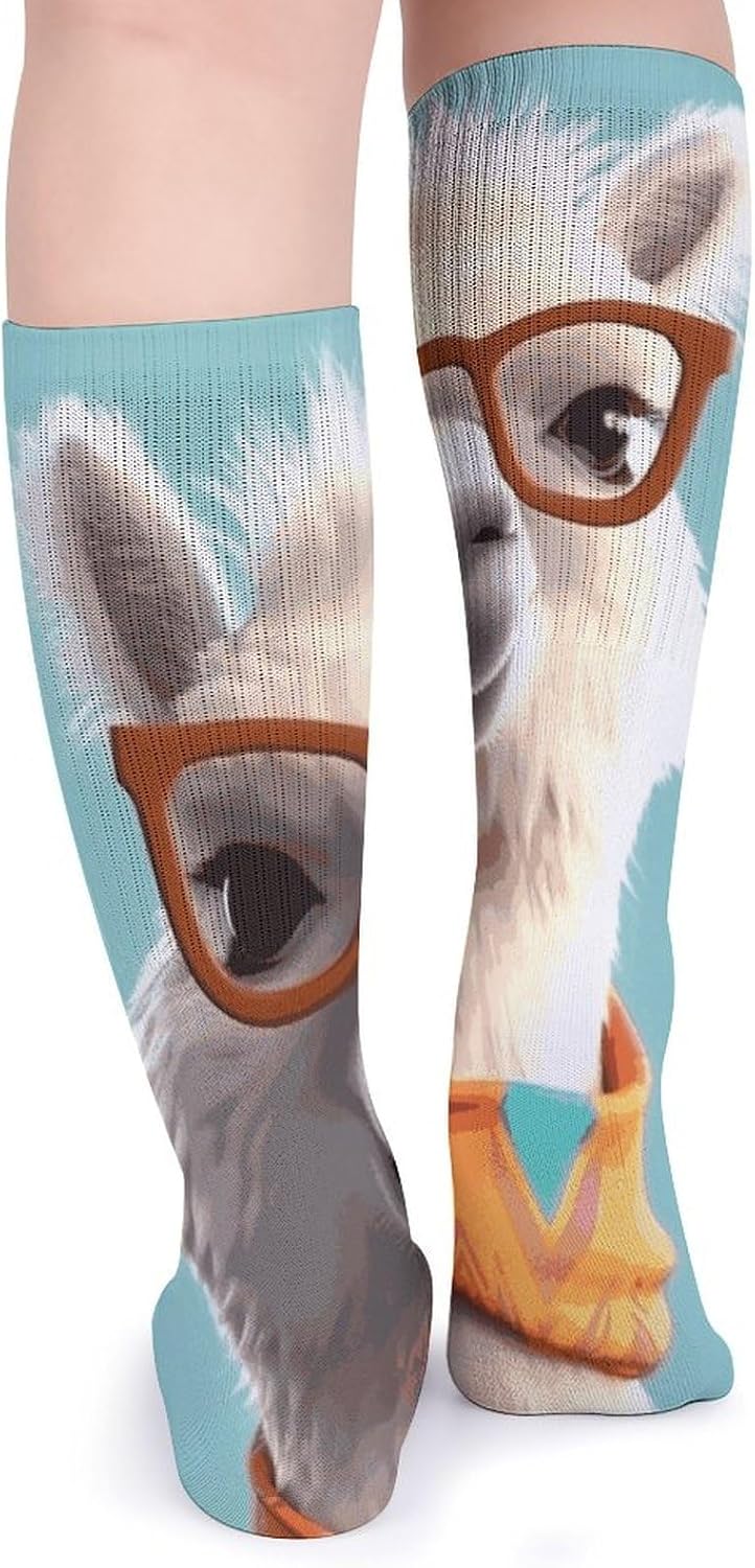 Breathable Crew Sock, Moisture Wicking, Athletic Calf Socks, Cozy | Funny Cartoon Llama Compression Socks for Women Men, Lightweight High Work Socks for Business, Casual