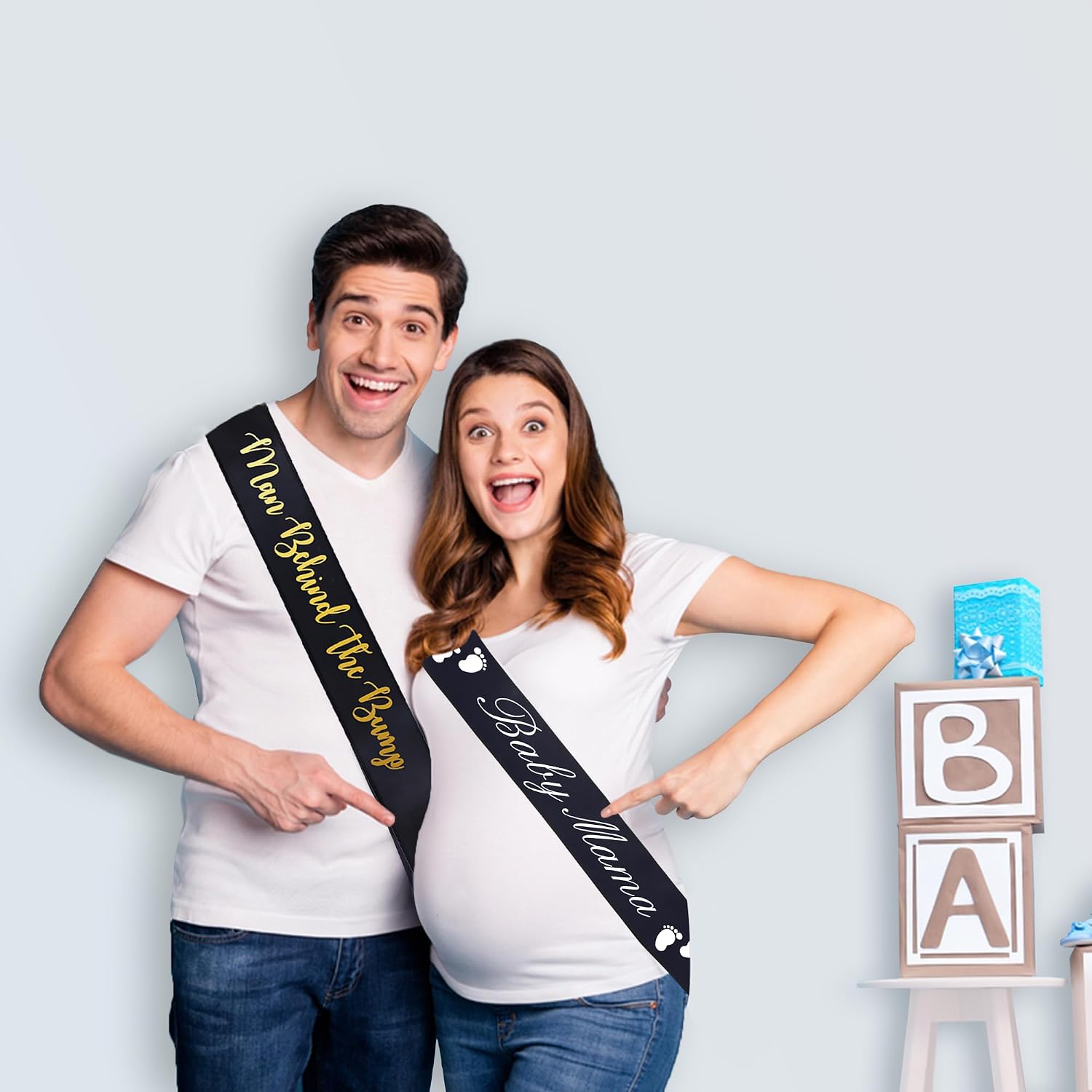 "Man Behind The Bump" Funny Baby Shower Sash for Daddy to Be, Baby Shower Party Decorations Gifts Supplies Dad to Be Baby Gender Reveal Ideas New Father Favors (Black and Gold) image 2