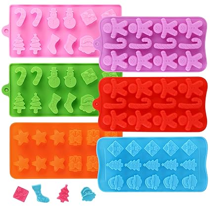 Christmas Silicone Chocolate and Candy Molds, Small Baking Molds for Cake Toppers, Santa Clause Snowman Christmas Tree Presents Gingerbread Stockings Star Candy Cane Molds 6Pcs