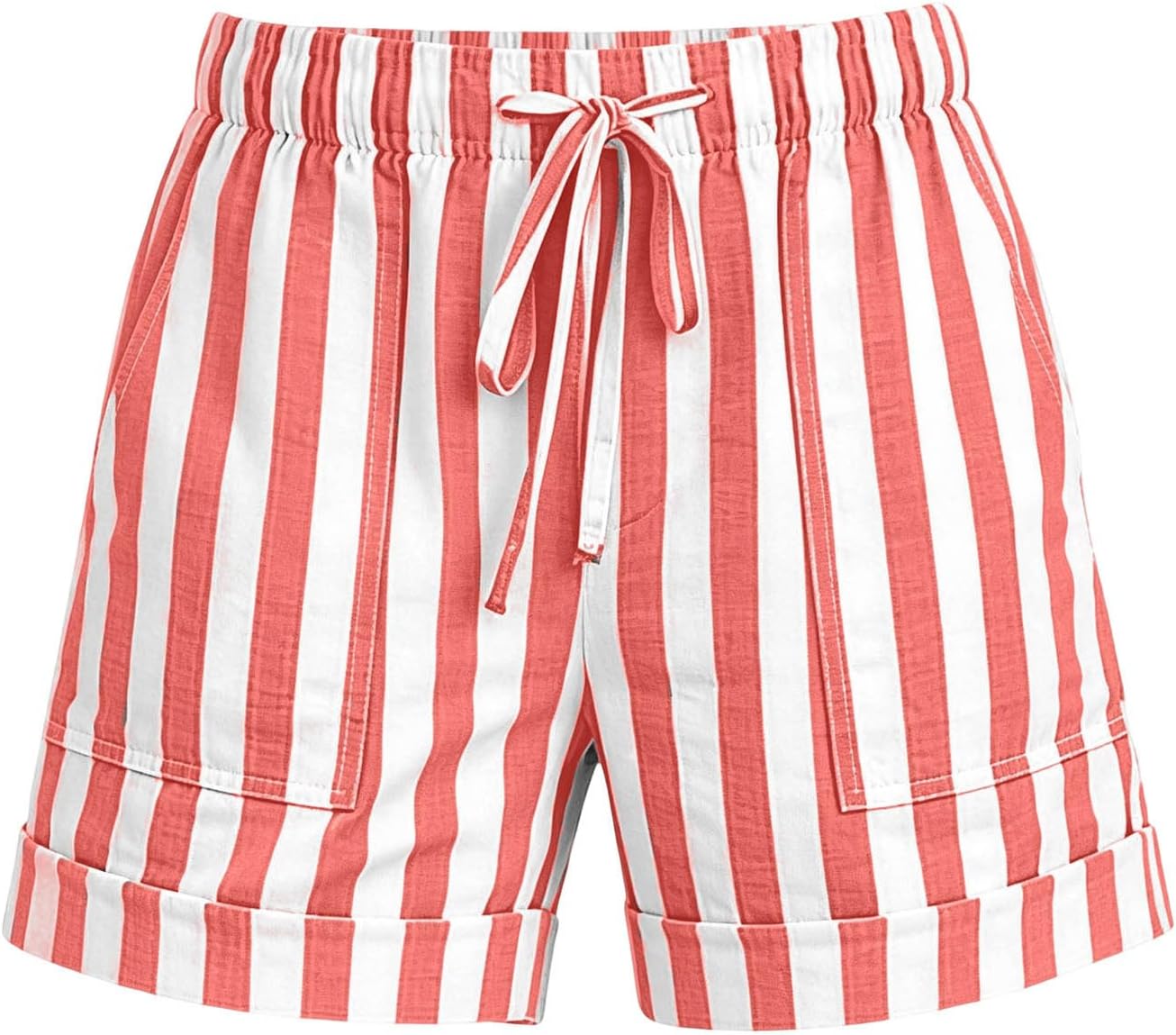 Striped Shorts for Women, High Waisted Drawstring Summer Short | Regular Relaxed Fit, Elastic Gathered Casing, Practical Side Pockets, Striped Knit Feel, Casual Everyday Home Lounge