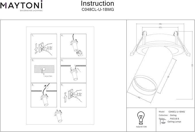 MAYTONI DECORATIVE LIGHTING MAYTONI DECORATIVE LIGHTING Plafondlamp Spotlight FOCUS S zwart en mat goud aluminium 1 lamp (niet meegeleverd) GU10 voor woonkamer, keuken, slaapkamer, eetkamer, kantoor photo 2